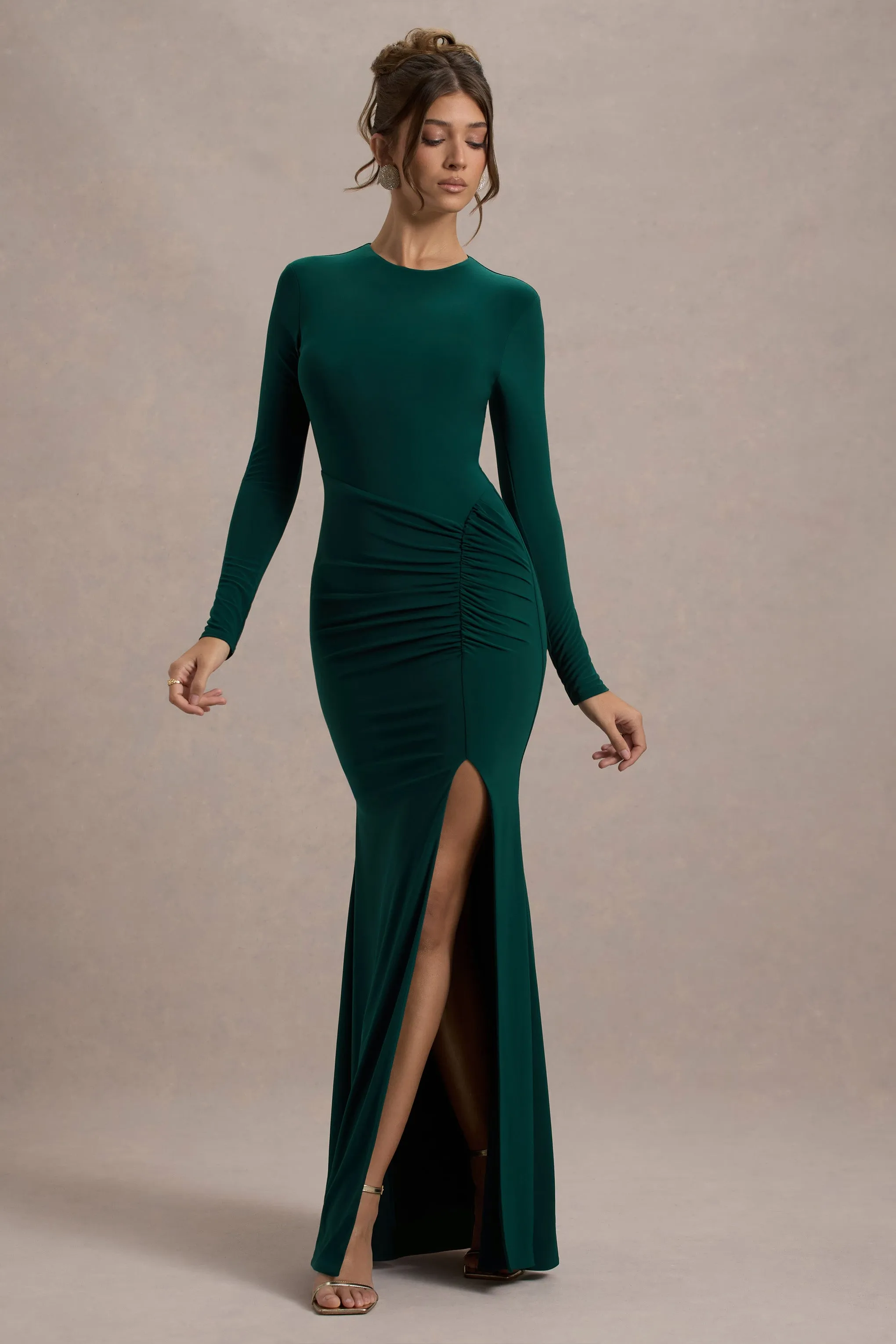 Leslie | Bottle Green Long-Sleeve Twisted Split Maxi Dress Club L London