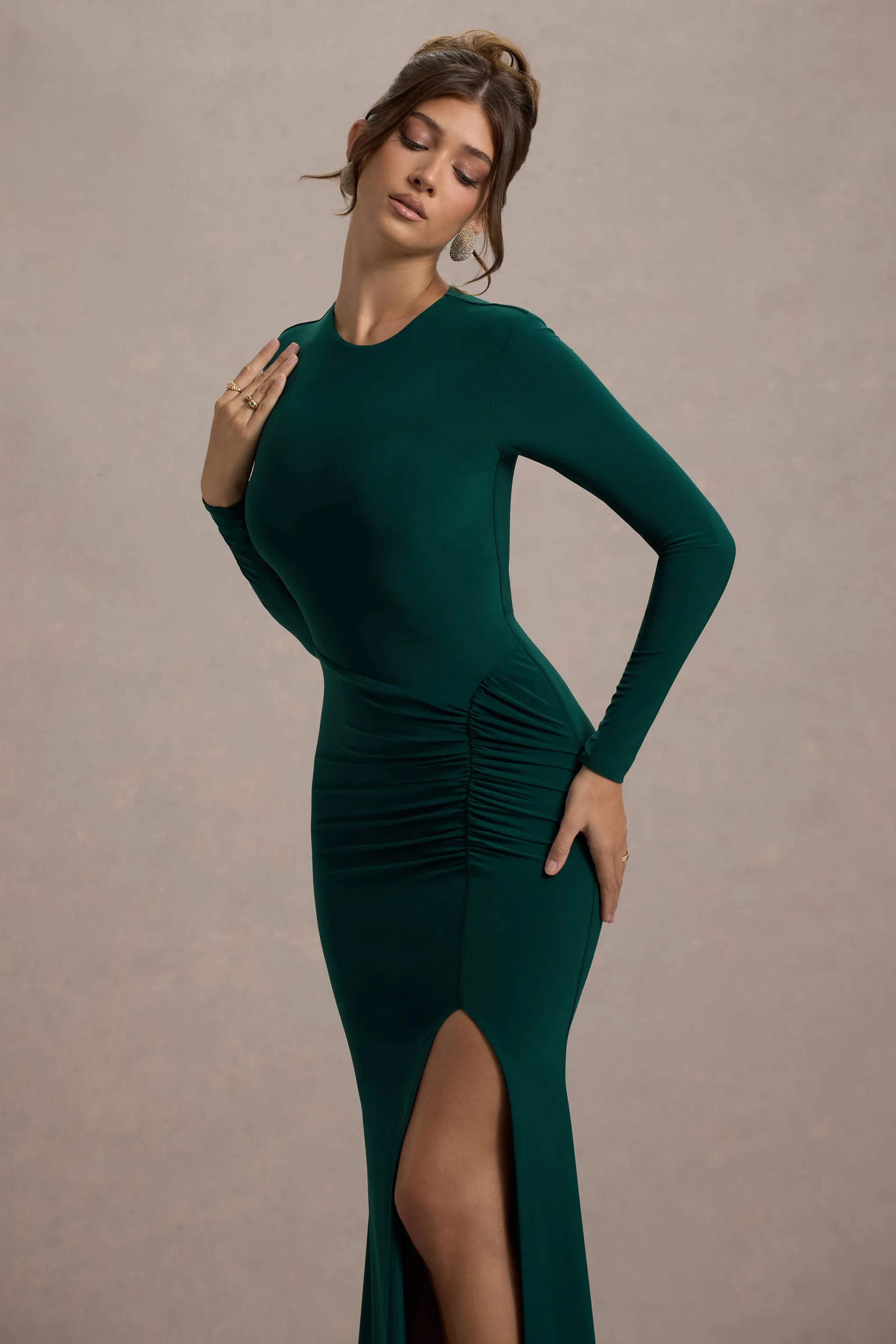Leslie | Bottle Green Long-Sleeve Twisted Split Maxi Dress Club L London