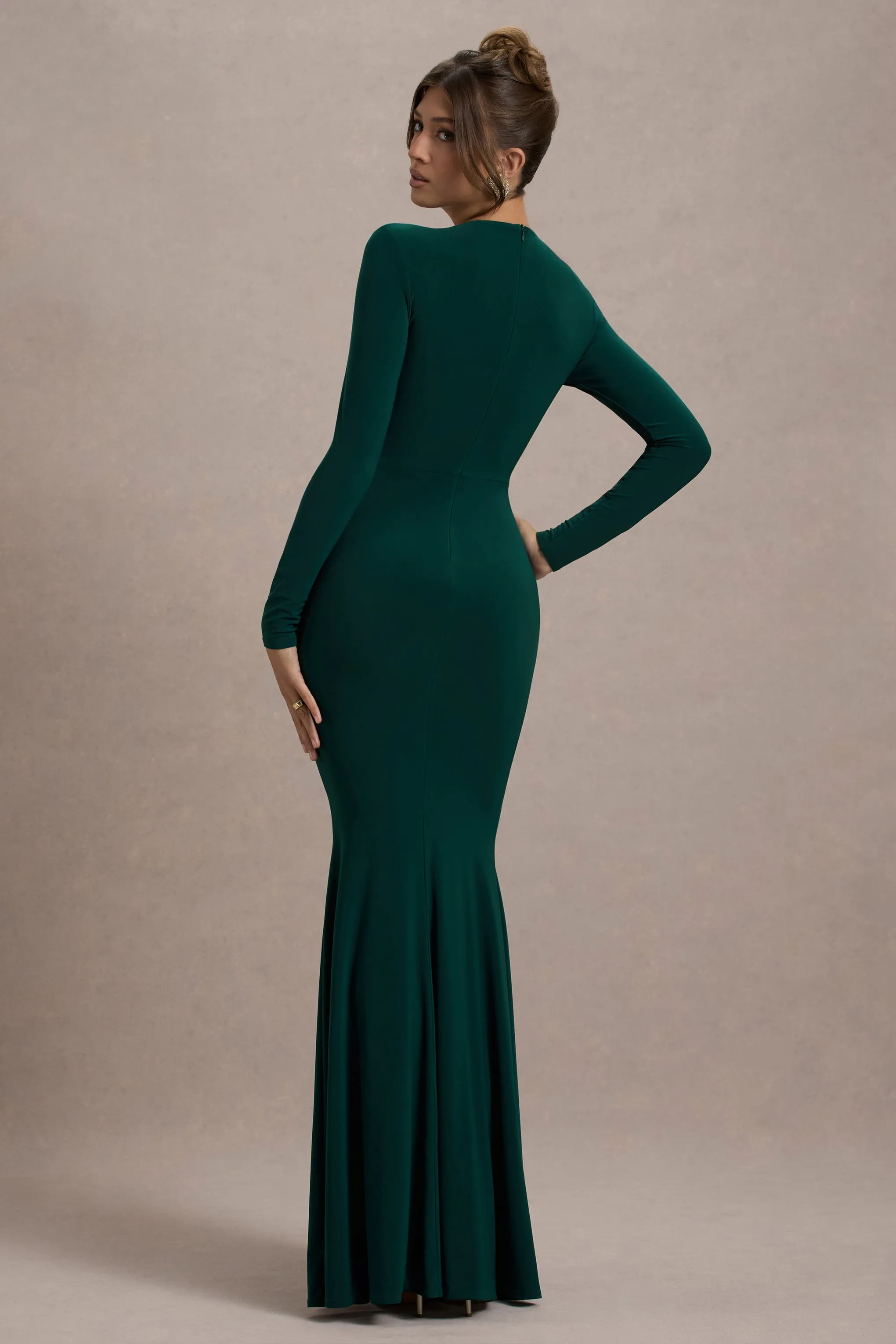 Leslie | Bottle Green Long-Sleeve Twisted Split Maxi Dress Club L London