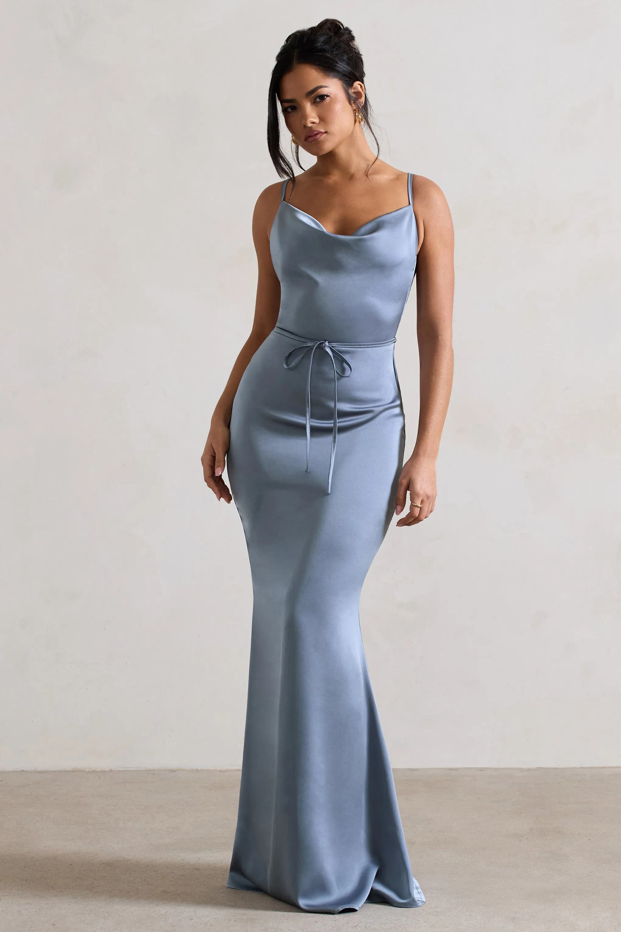 Lifetime | Slate Blue Satin Cowl Neck Maxi Dress With Cross Back Detail Club L London