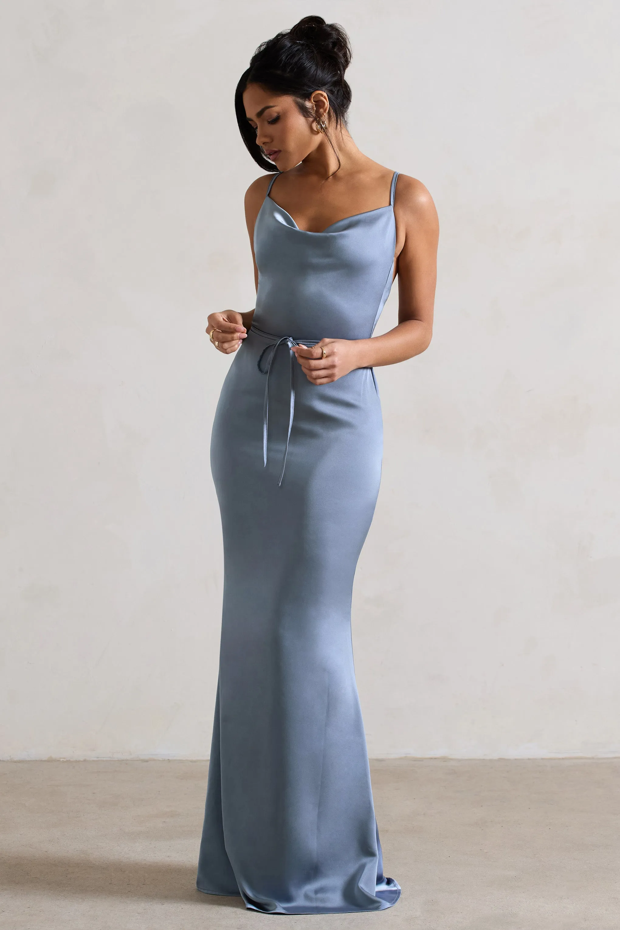 Lifetime | Slate Blue Satin Cowl Neck Maxi Dress With Cross Back Detail Club L London