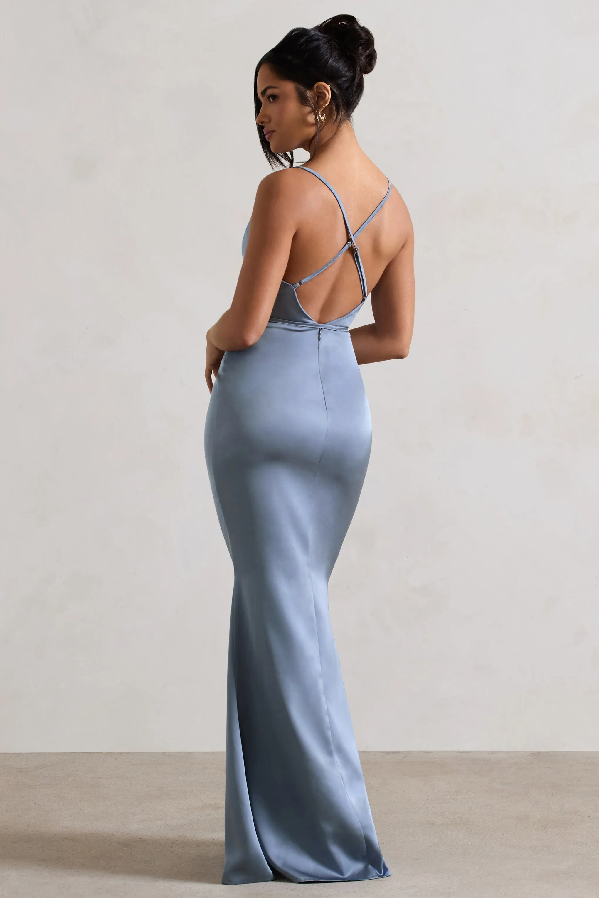 Lifetime | Slate Blue Satin Cowl Neck Maxi Dress With Cross Back Detail Club L London