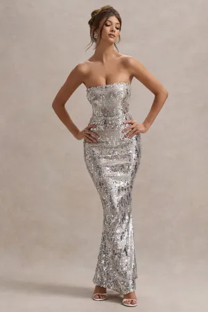 Like Magic | Silver Sequin Bandeau Maxi Dress Club L London