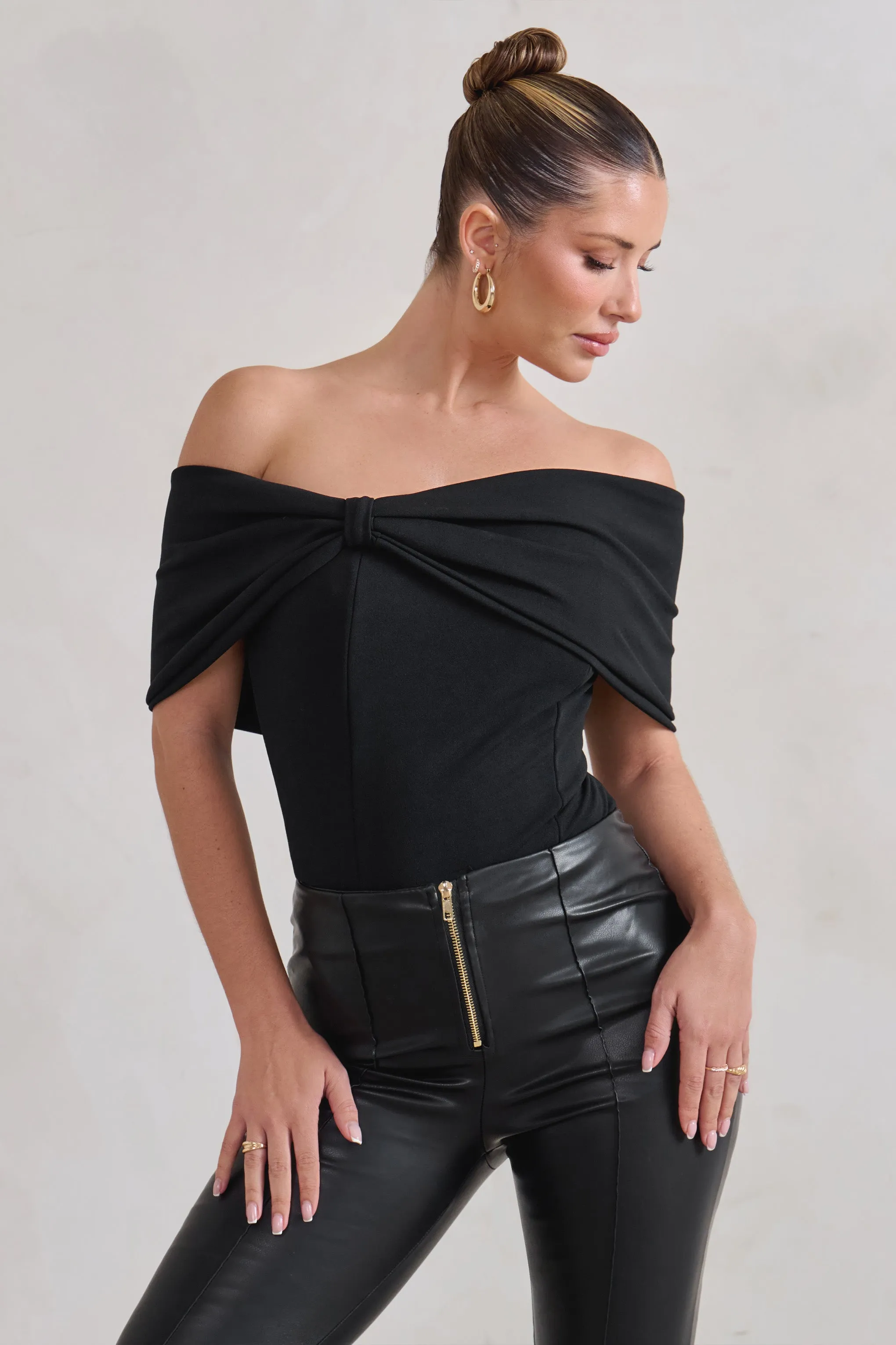 Lillian | Black Bardot Bow Detail Bodysuit Club L London