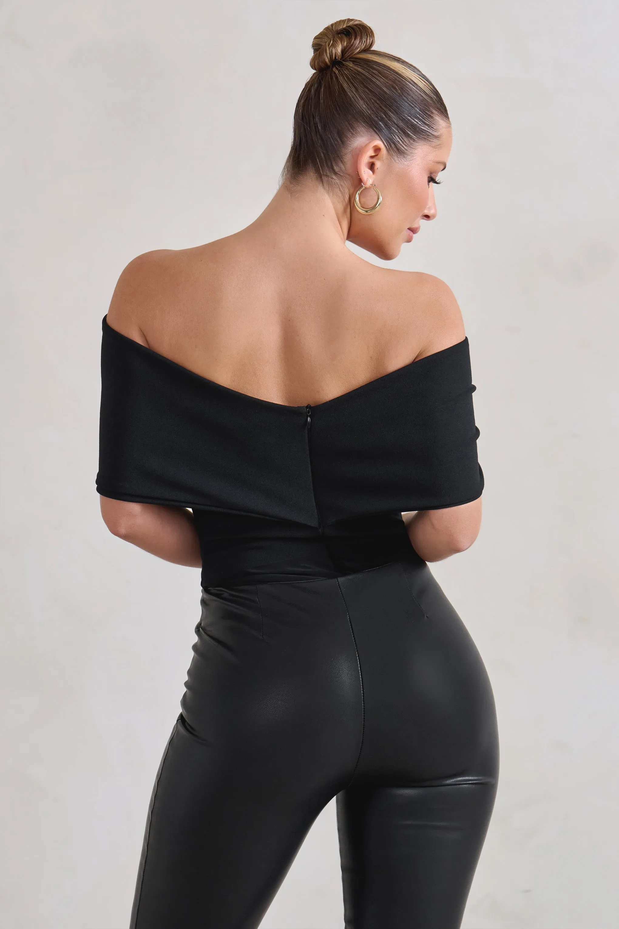 Lillian | Black Bardot Bow Detail Bodysuit Club L London
