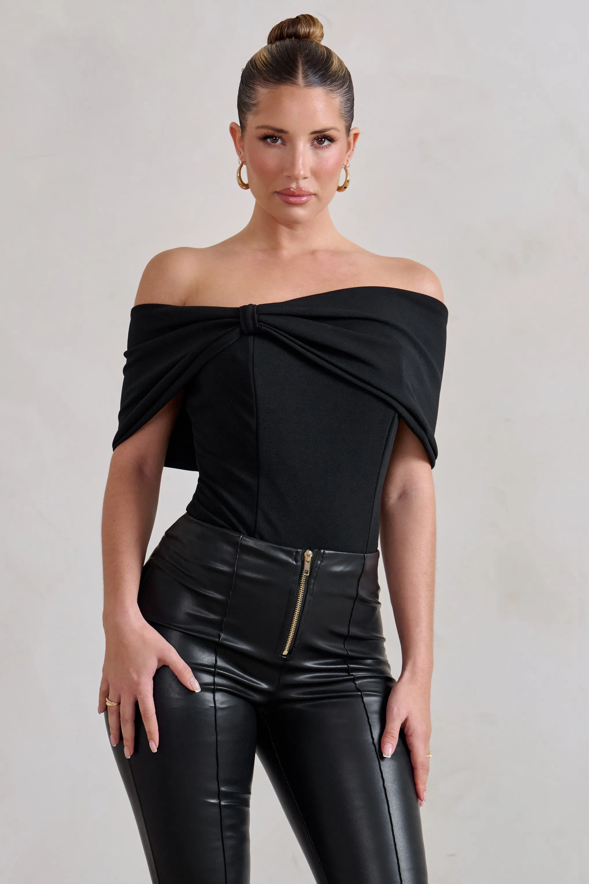 Lillian | Black Bardot Bow Detail Bodysuit Club L London