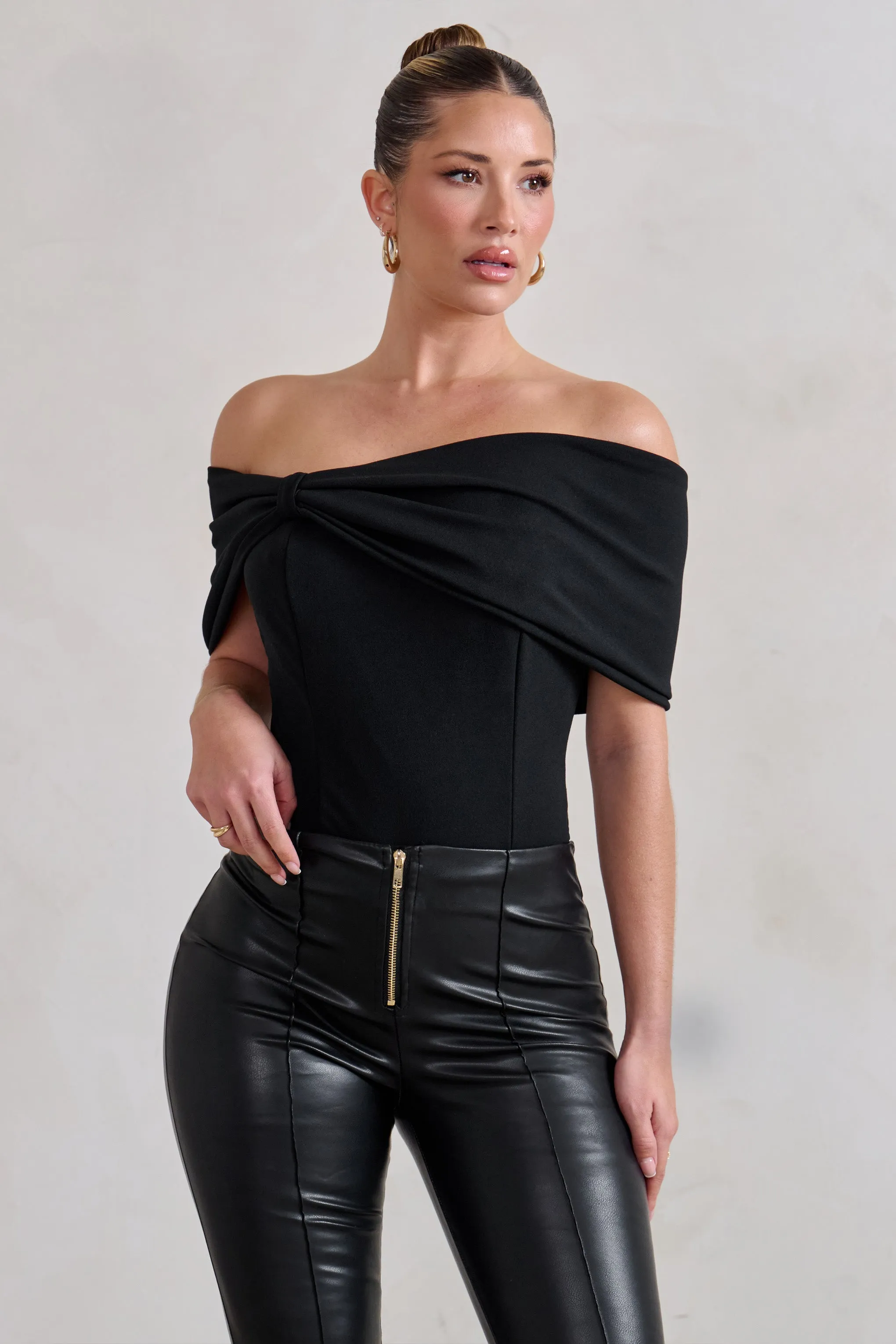 Lillian | Black Bardot Bow Detail Bodysuit Club L London