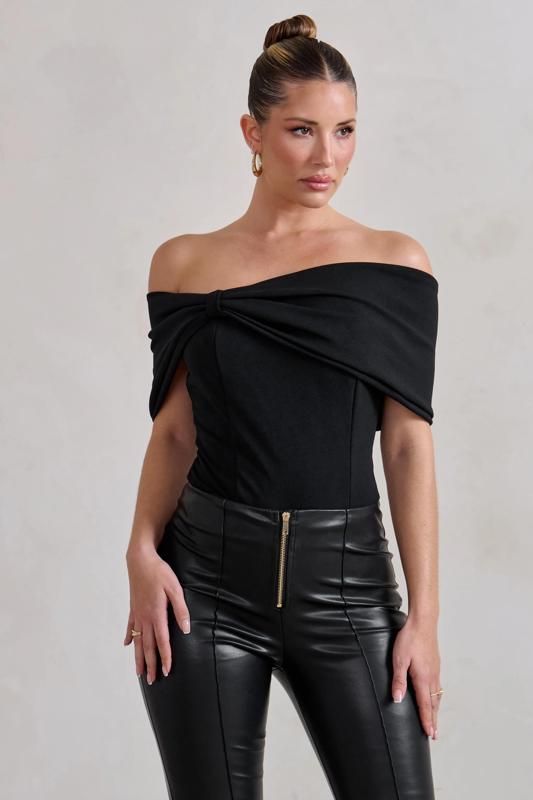 Lillian | Black Bardot Bow Detail Bodysuit Club L London