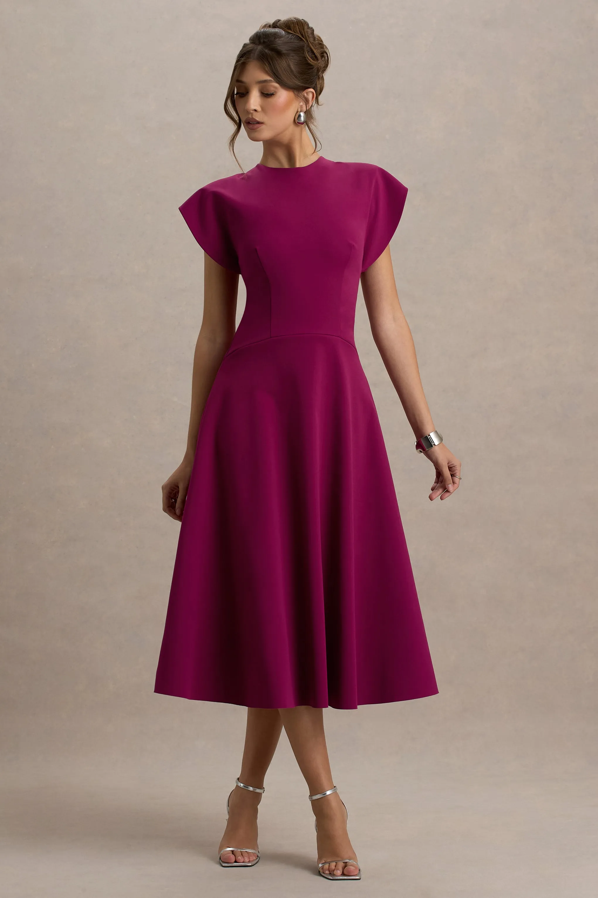 Linda | Burgundy High-Neck Cap-Sleeve Midi Dress Club L London