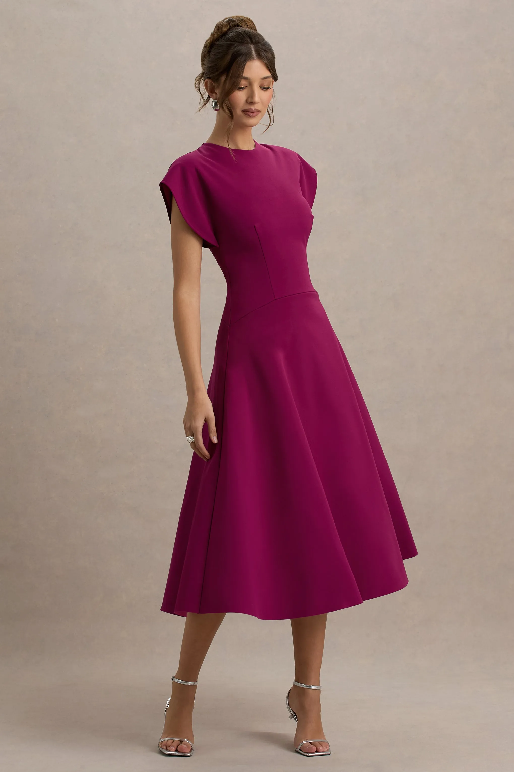 Linda | Burgundy High-Neck Cap-Sleeve Midi Dress Club L London