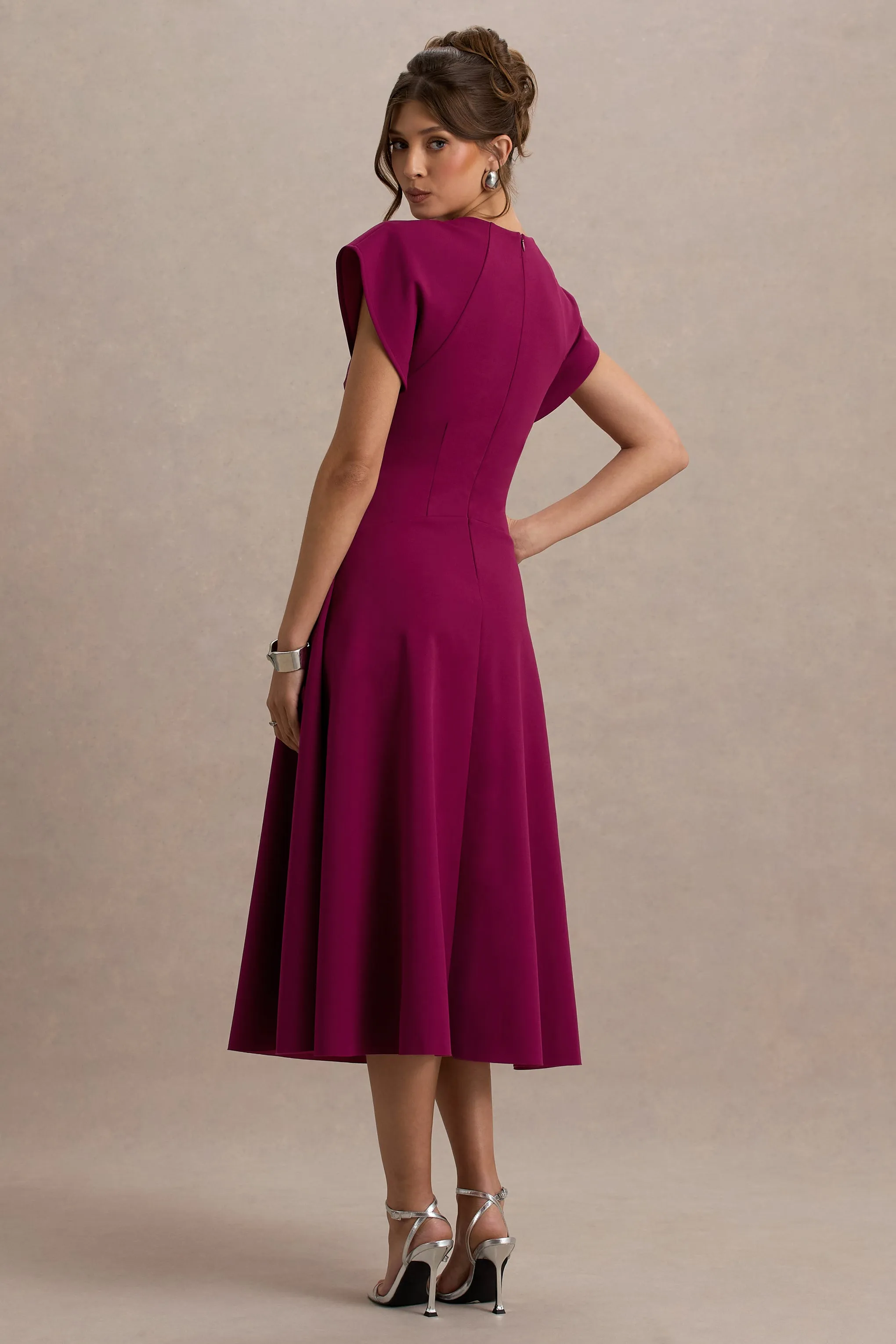 Linda | Burgundy High-Neck Cap-Sleeve Midi Dress Club L London