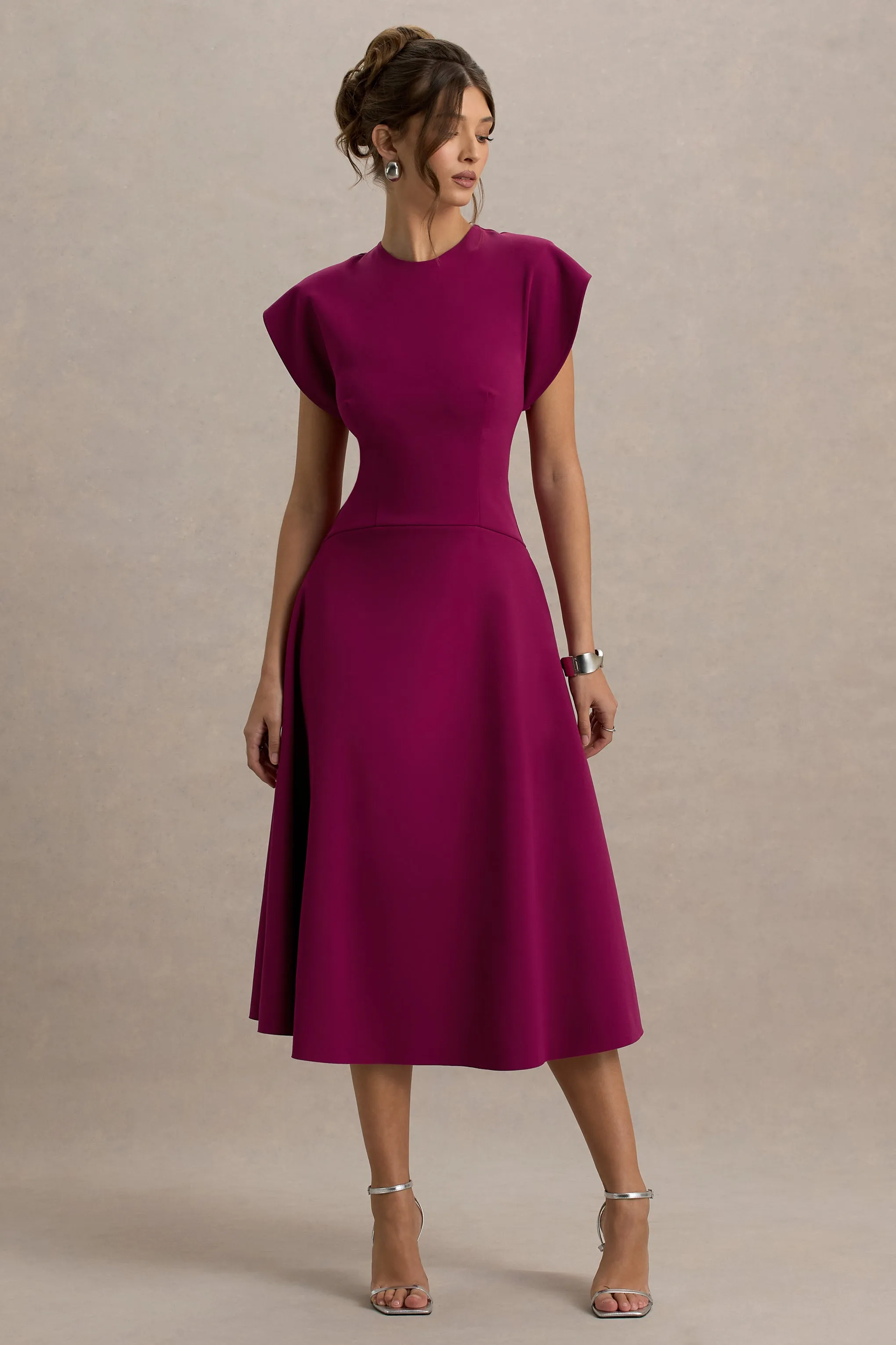 Linda | Burgundy High-Neck Cap-Sleeve Midi Dress Club L London