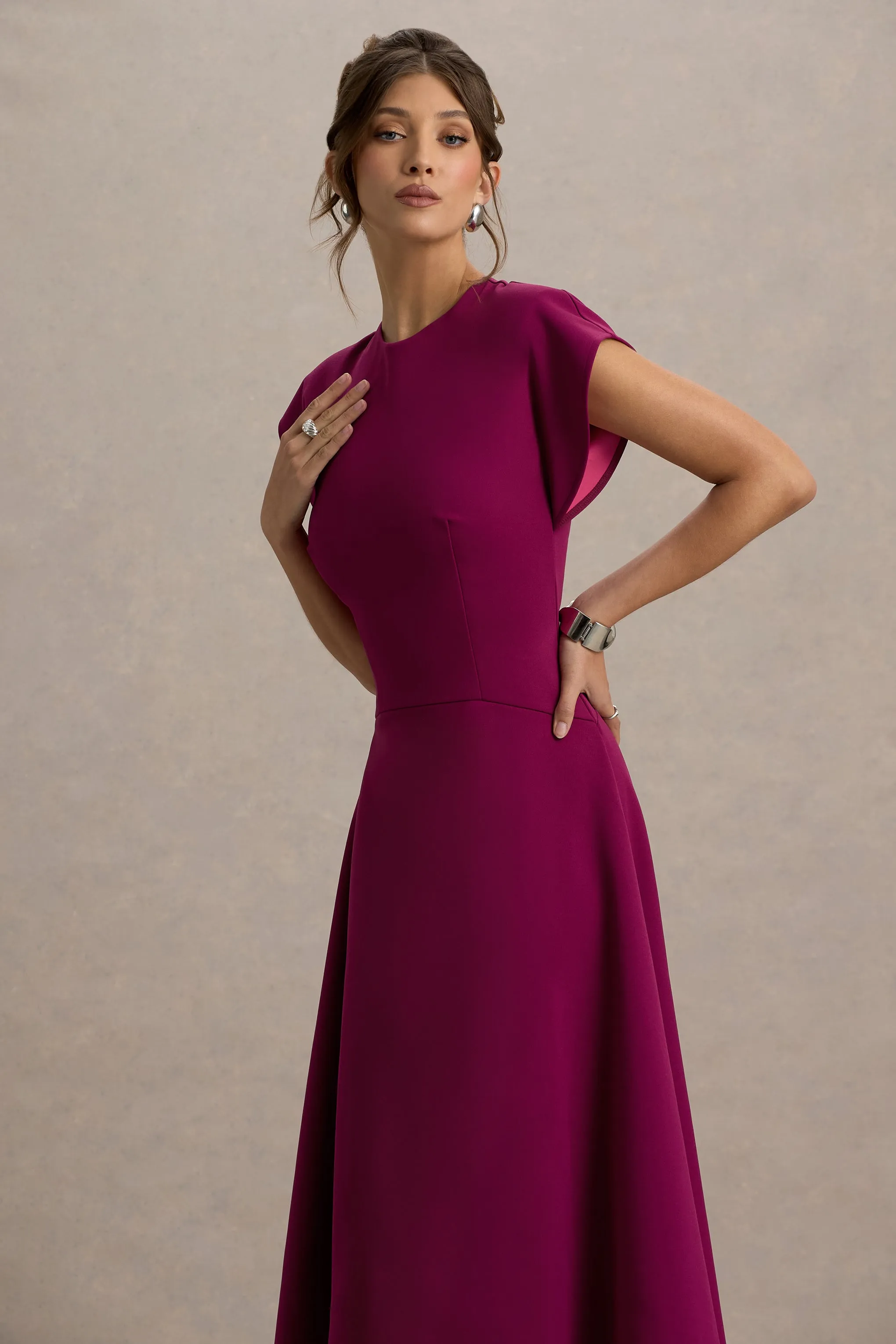 Linda | Burgundy High-Neck Cap-Sleeve Midi Dress Club L London