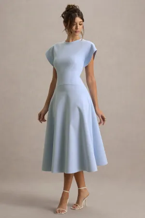 Linda | Powder Blue High-Neck Cap-Sleeve Midi Dress Club L London