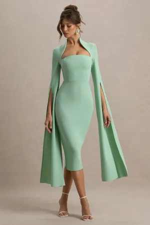 Linden | Light Green Bodycon Cape-Sleeve Midi Dress Club L London