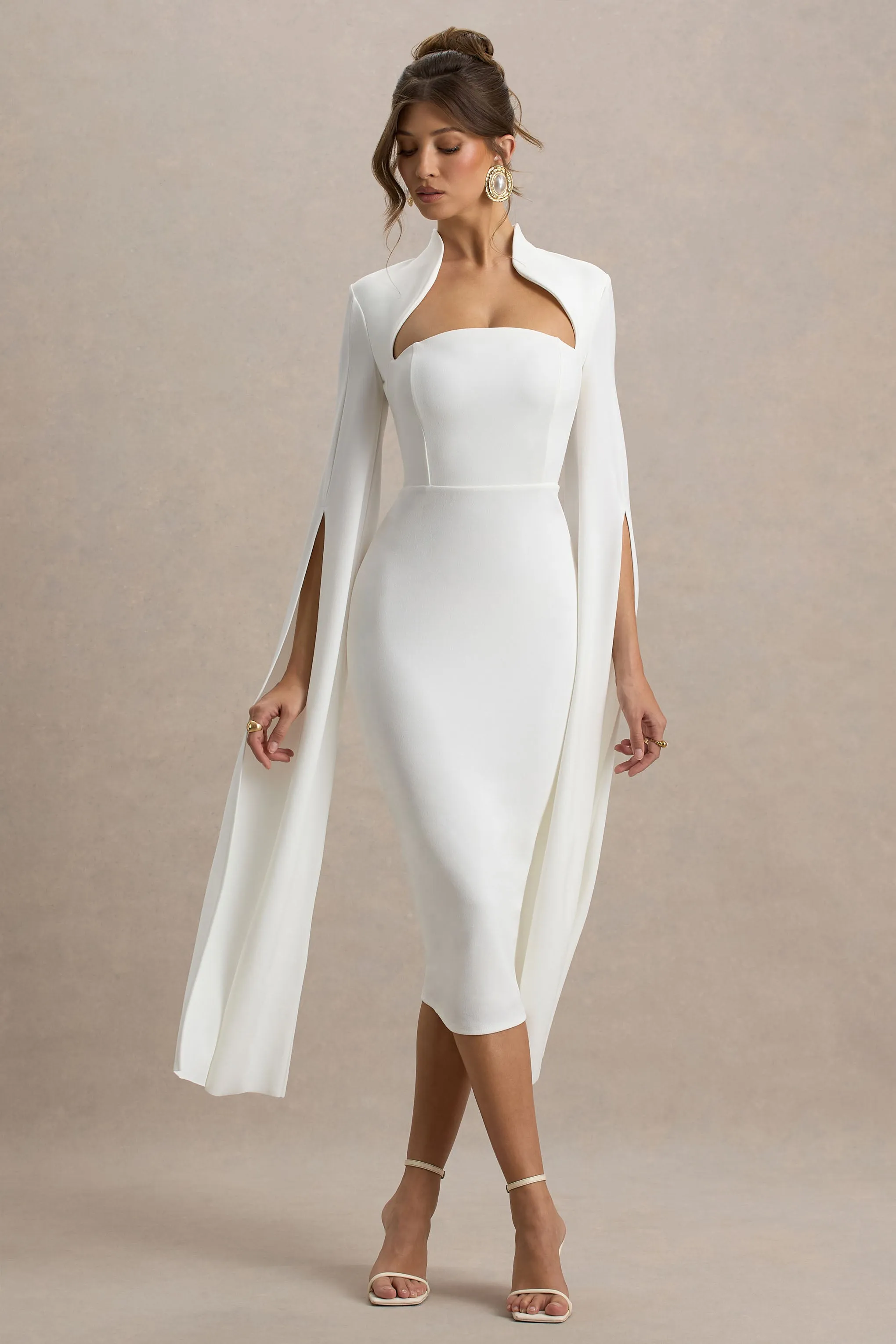 Linden | White Bodycon Cape-Sleeve Midi Dress Club L London