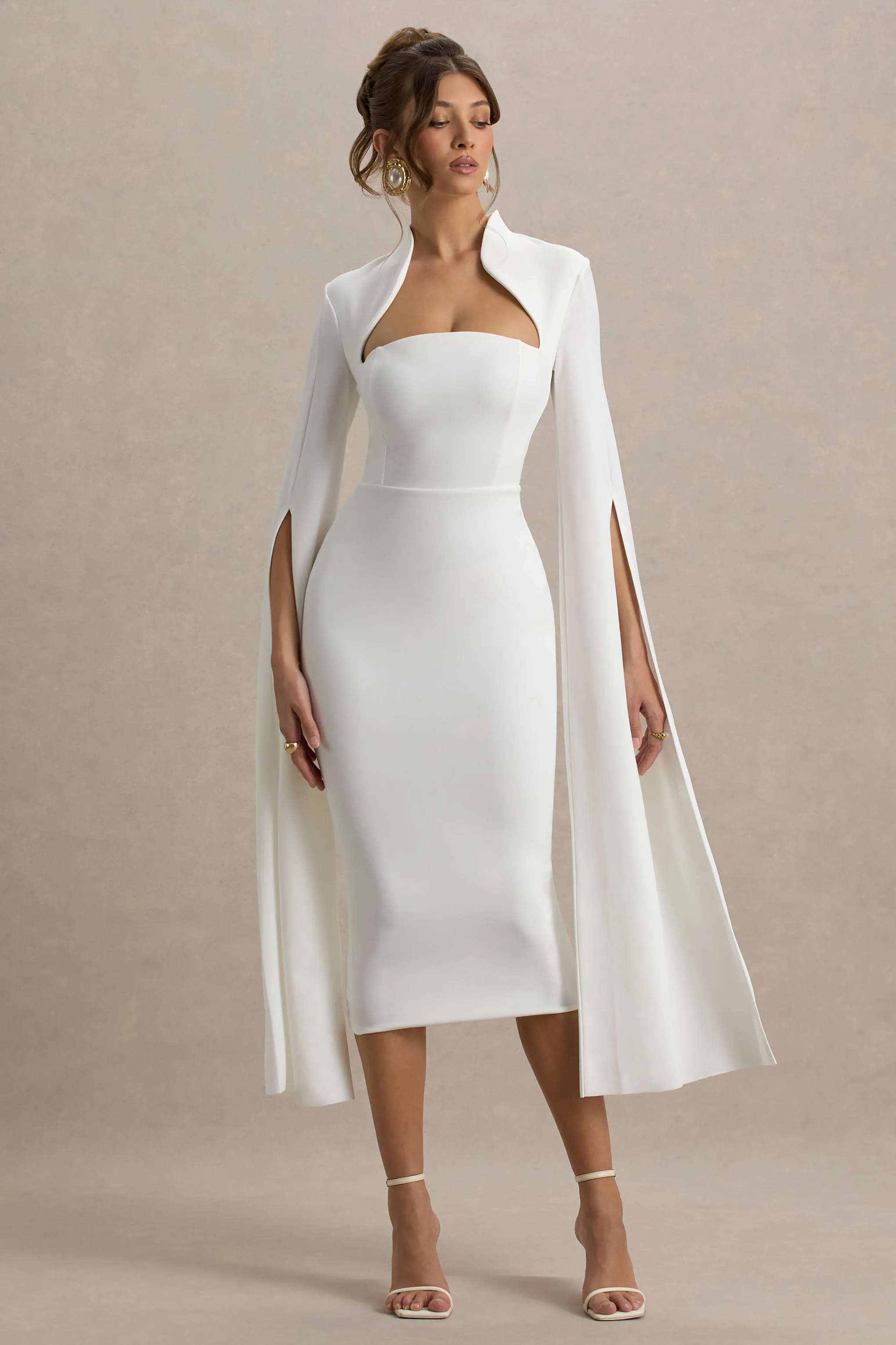 Linden | White Bodycon Cape-Sleeve Midi Dress Club L London