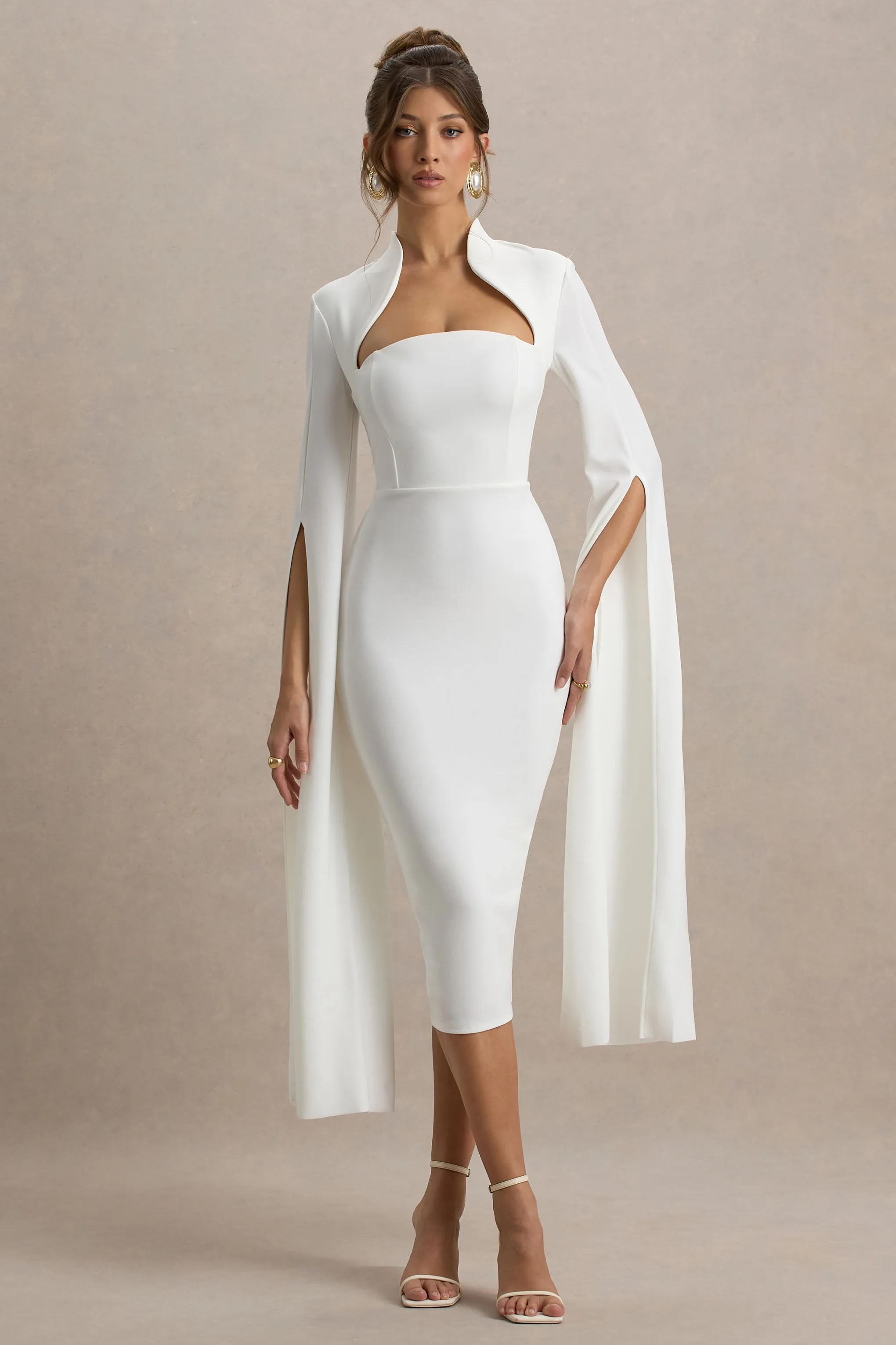 Linden | White Bodycon Cape-Sleeve Midi Dress Club L London