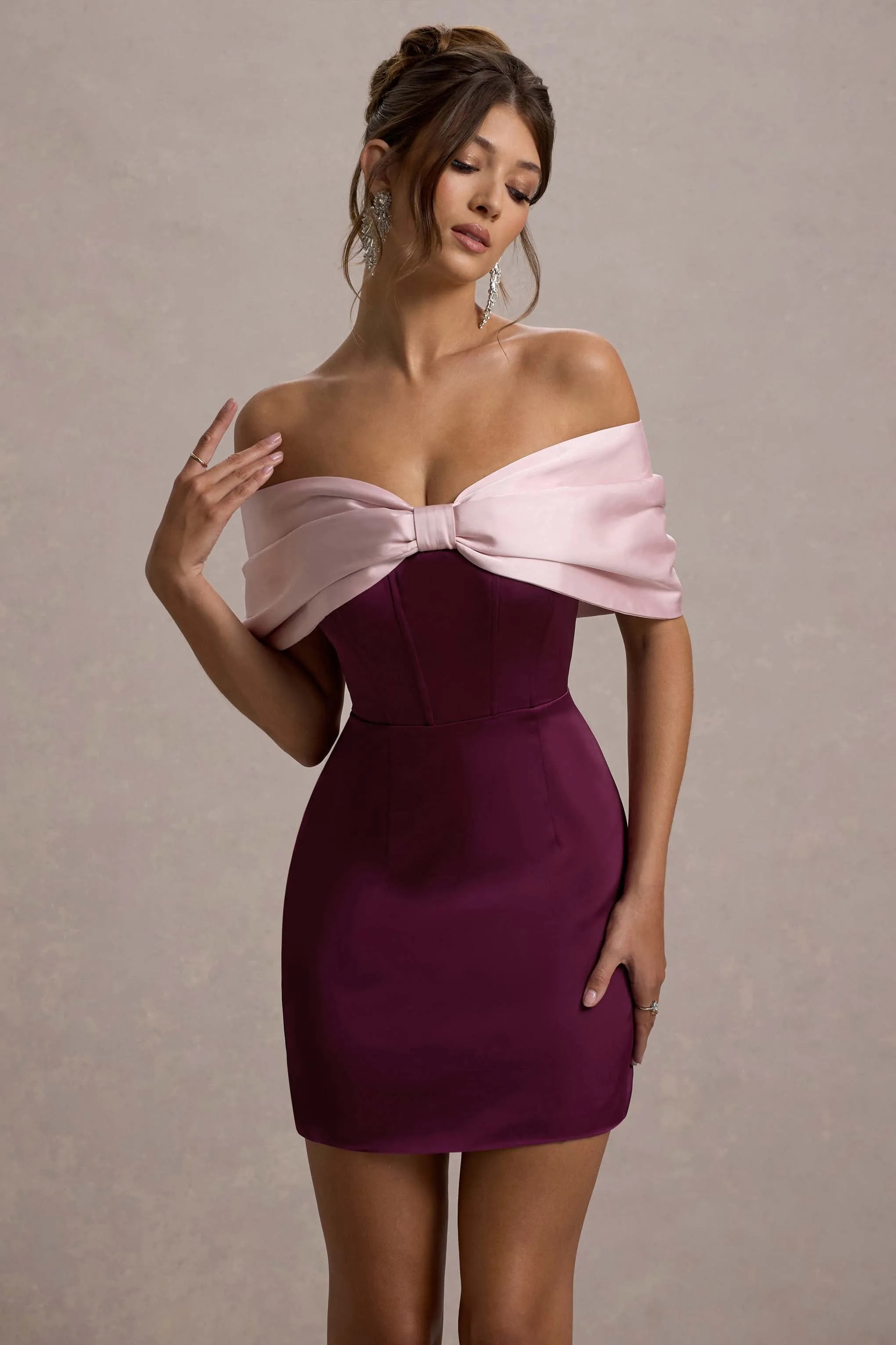Linley | Burgundy & Pink Satin Bow Bardot Mini Dress Club L London