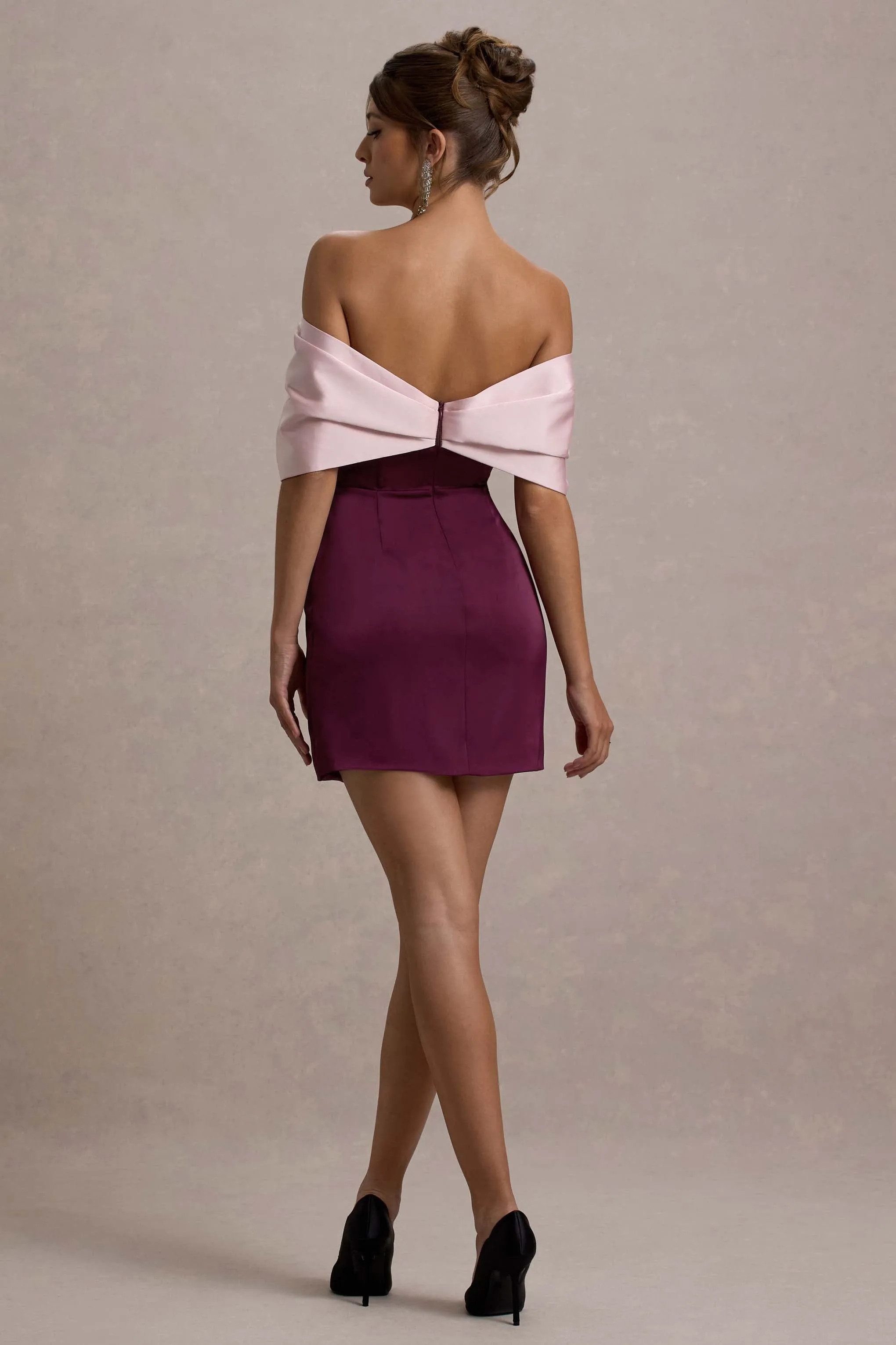 Linley | Burgundy & Pink Satin Bow Bardot Mini Dress Club L London