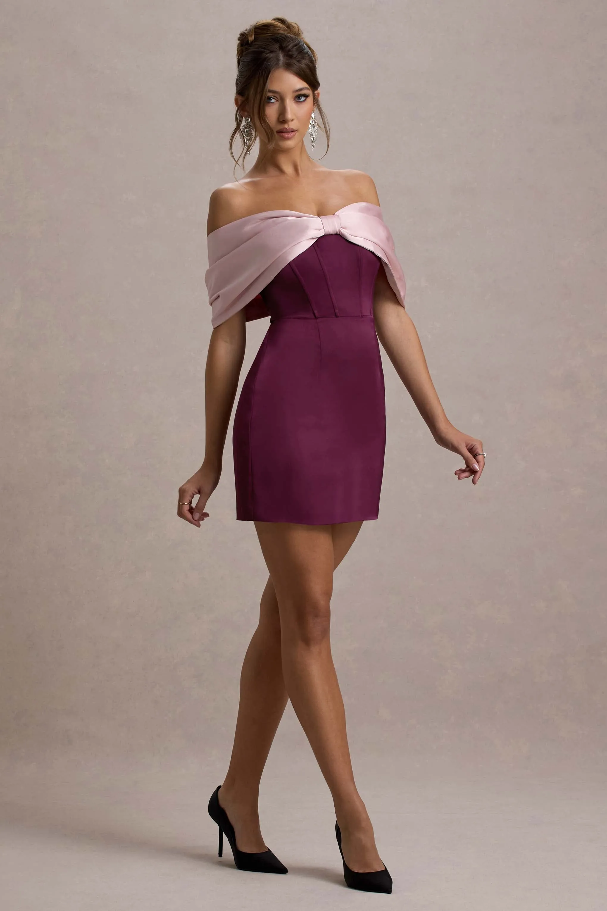 Linley | Burgundy & Pink Satin Bow Bardot Mini Dress Club L London