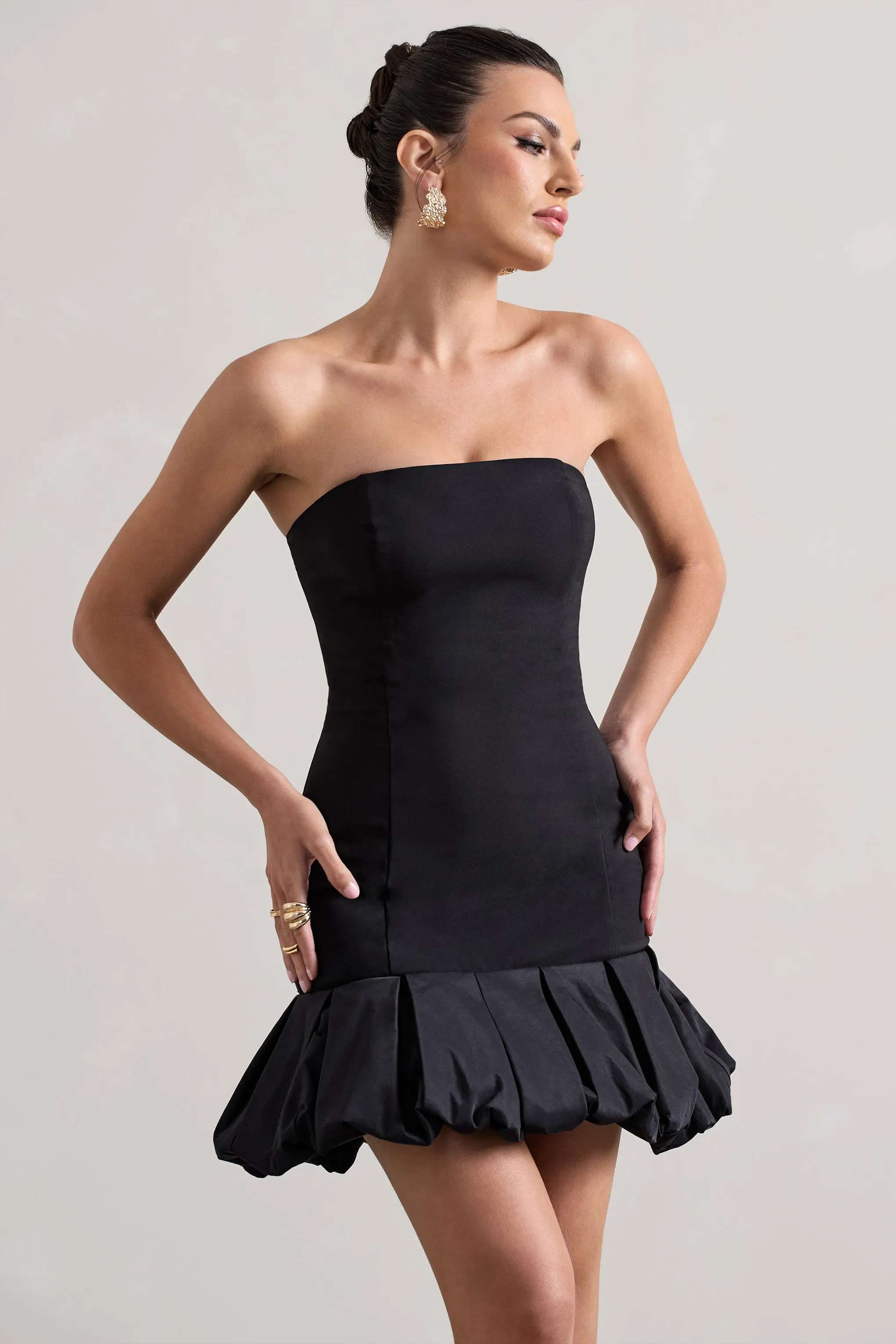 Liscia | Black Bandeau Mini Dress With Ruffle Trim Club L London