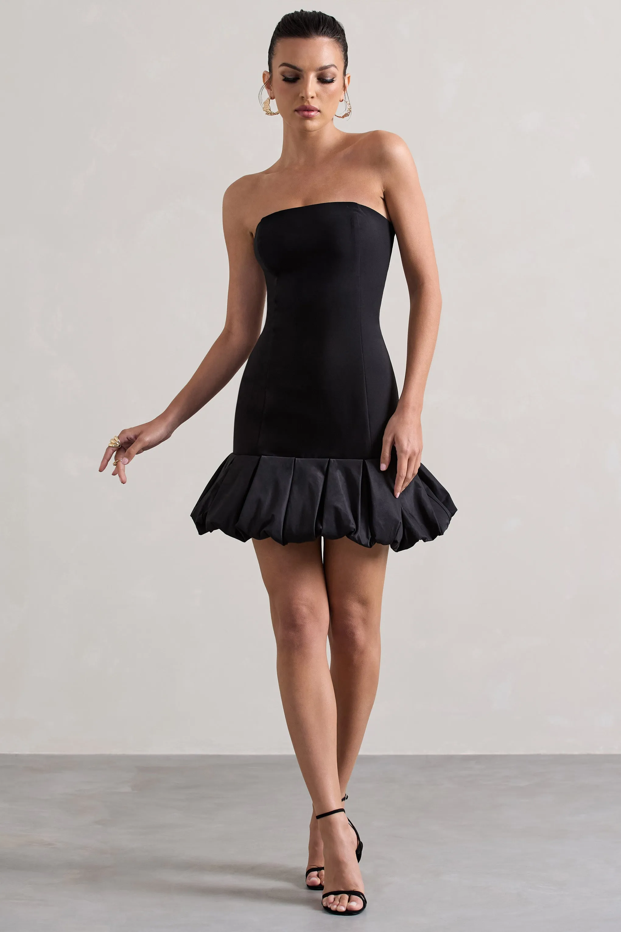 Liscia | Black Bandeau Mini Dress With Ruffle Trim Club L London