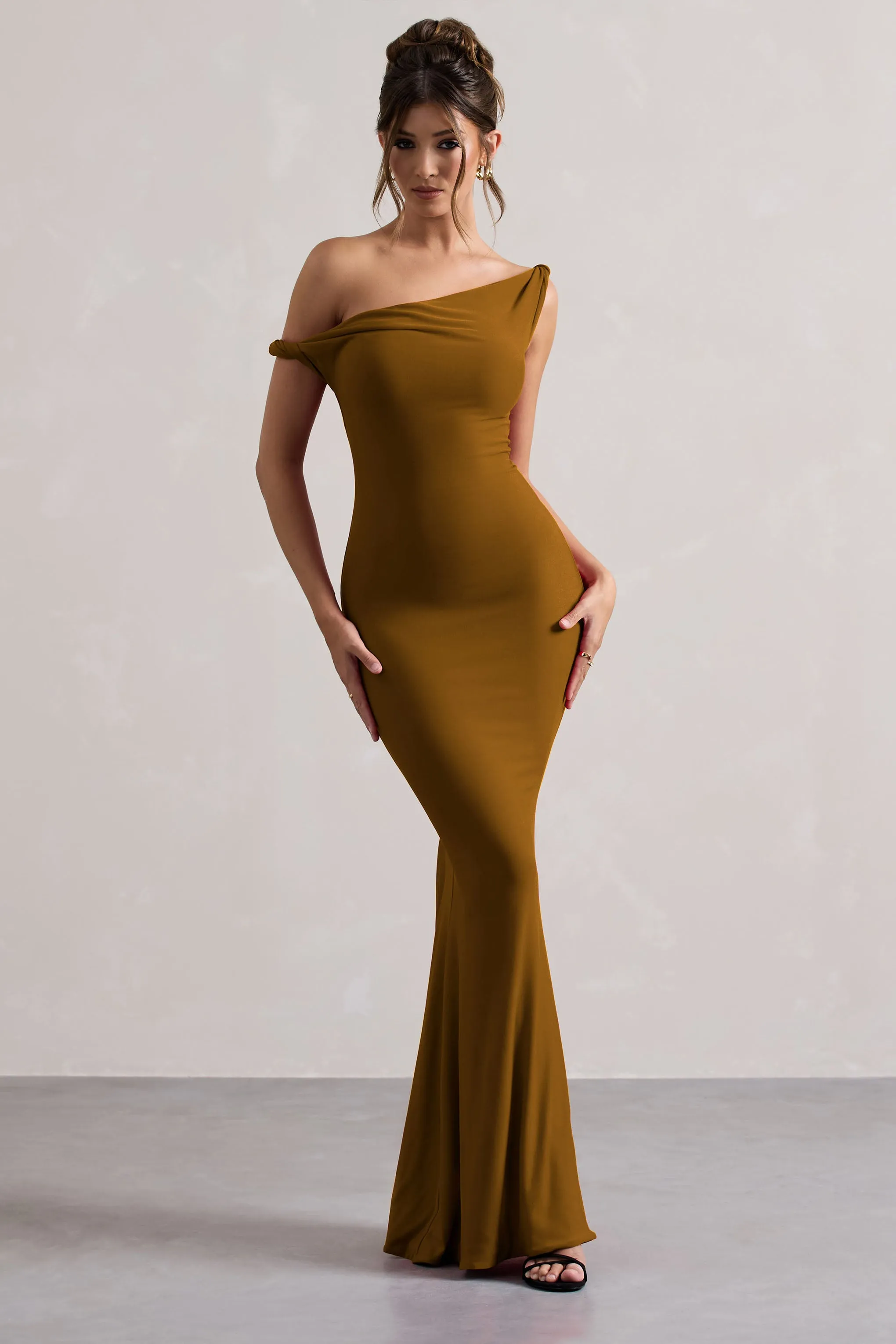 Lita | Golden Brown Twisted Asymmetric Maxi Dress Club L London