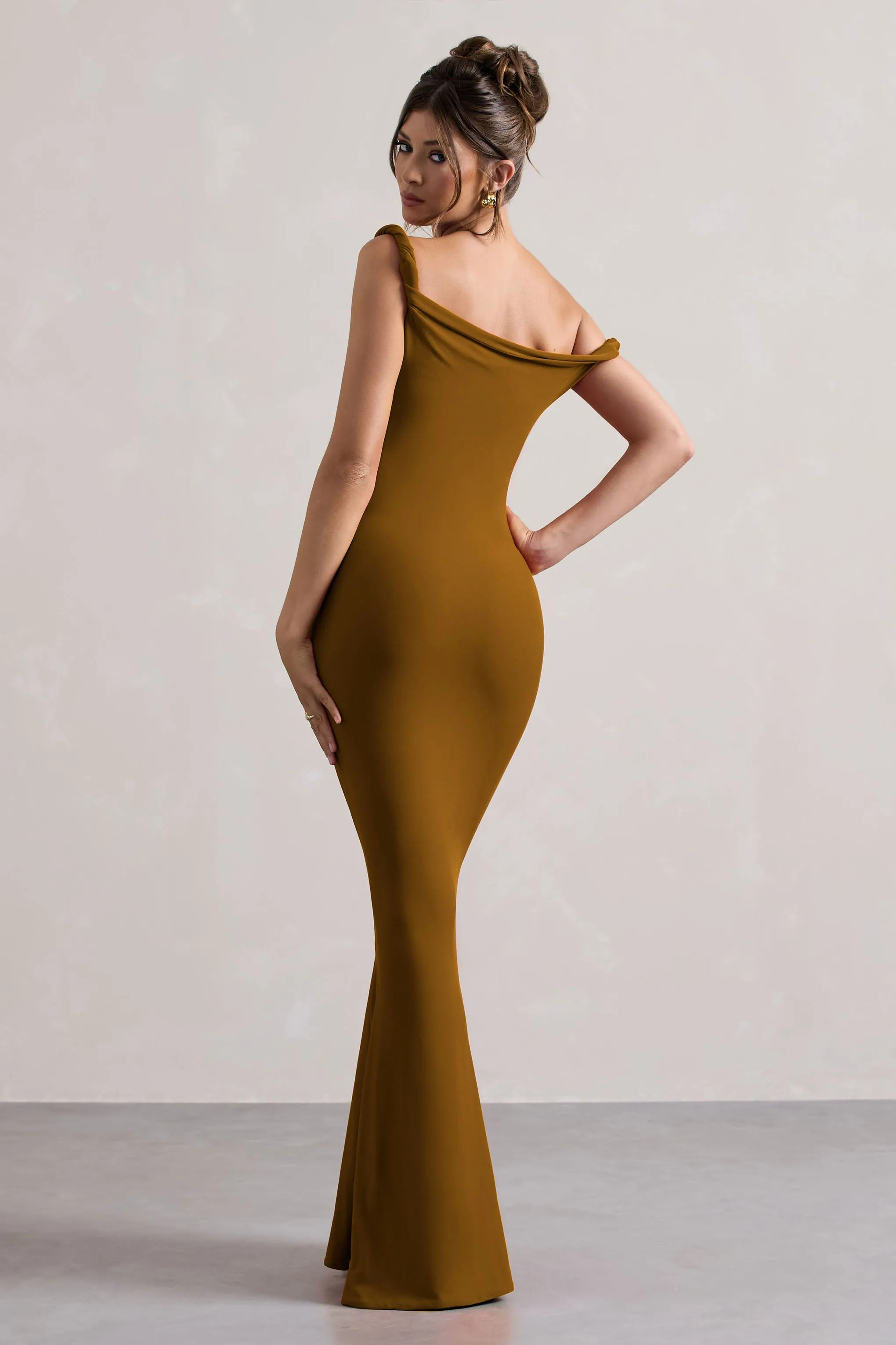 Lita | Golden Brown Twisted Asymmetric Maxi Dress Club L London