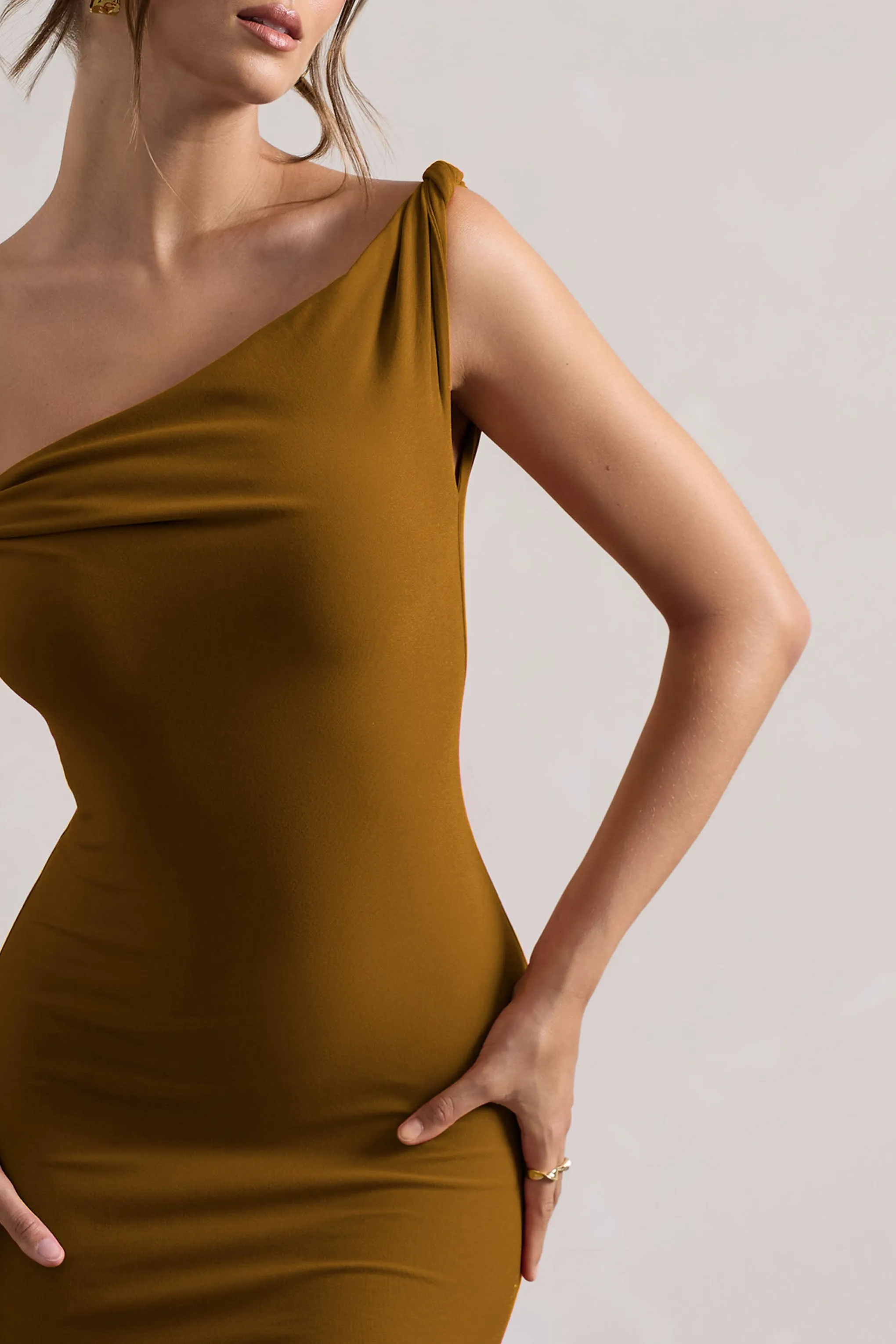 Lita | Golden Brown Twisted Asymmetric Maxi Dress Club L London