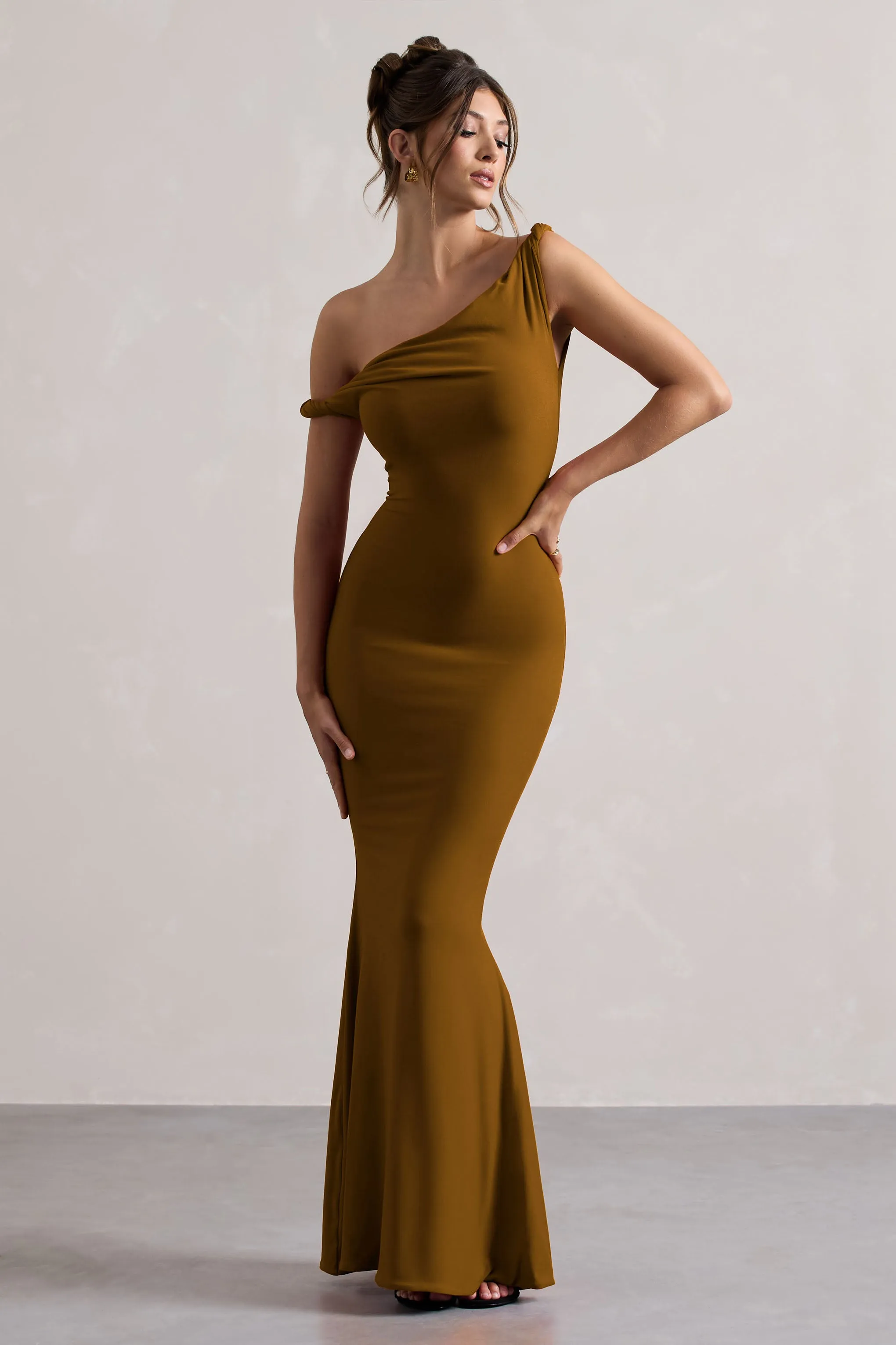 Lita | Golden Brown Twisted Asymmetric Maxi Dress Club L London