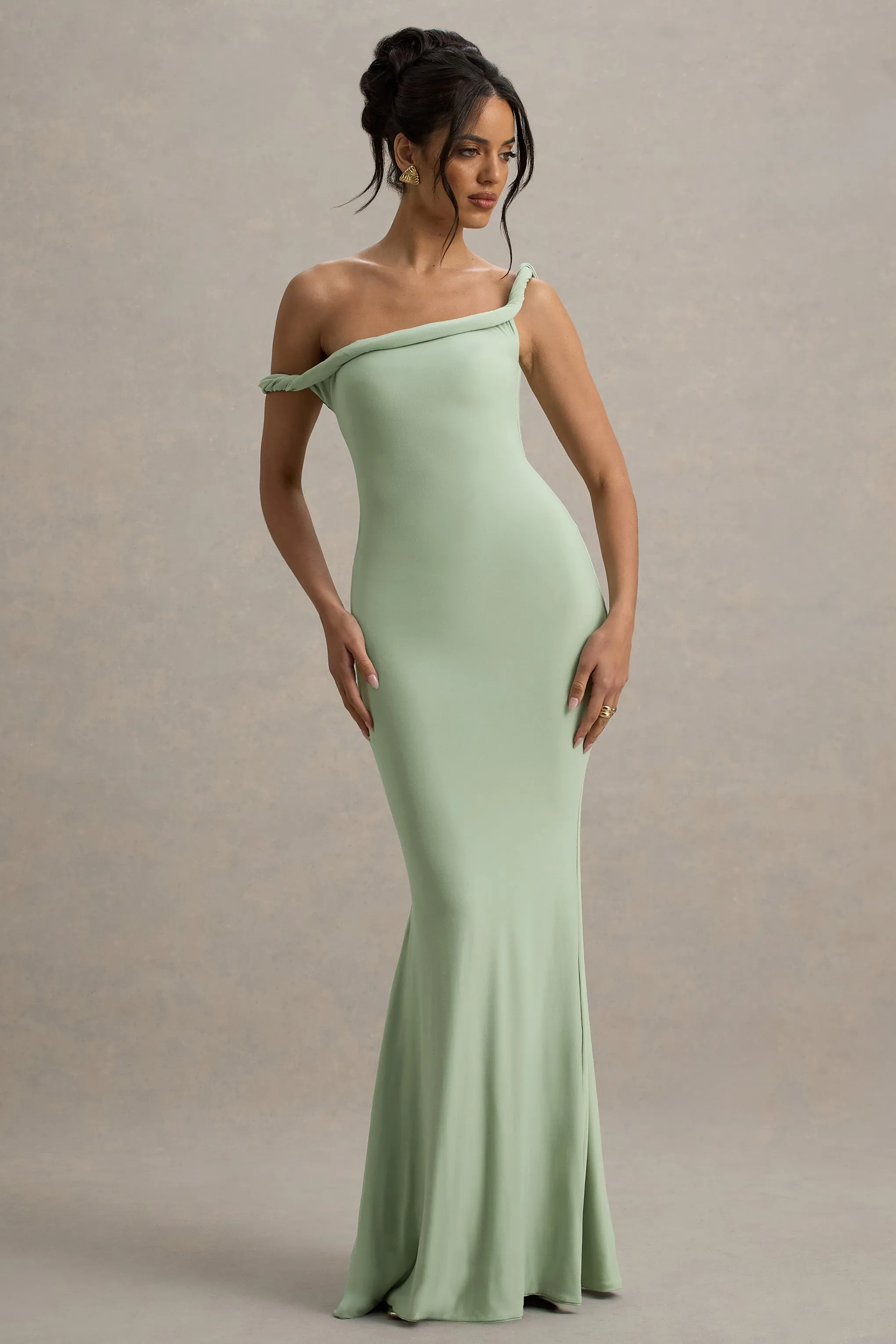 Lita | Light Green Twisted Asymmetric Maxi Dress Club L London