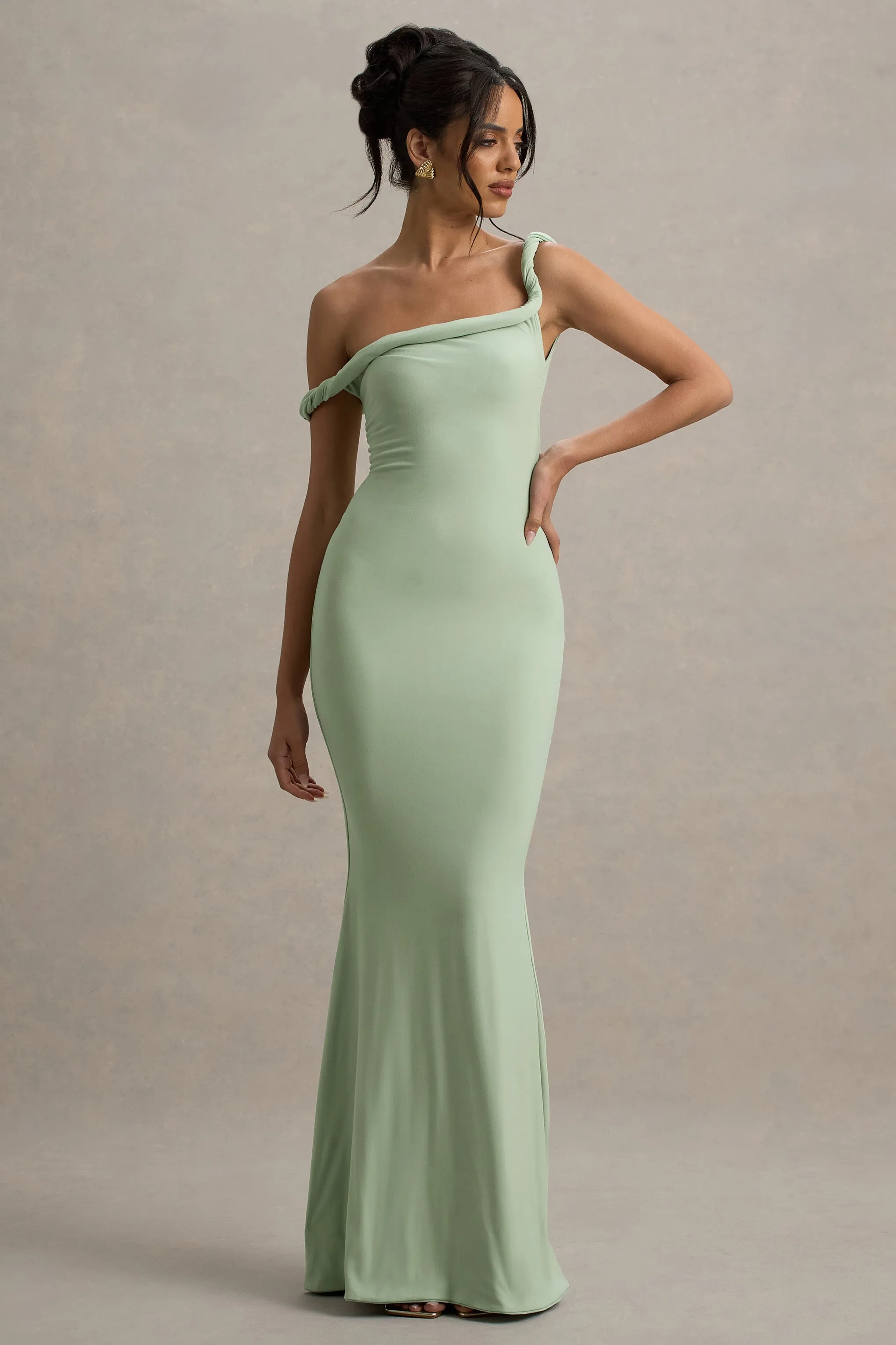 Lita | Light Green Twisted Asymmetric Maxi Dress Club L London