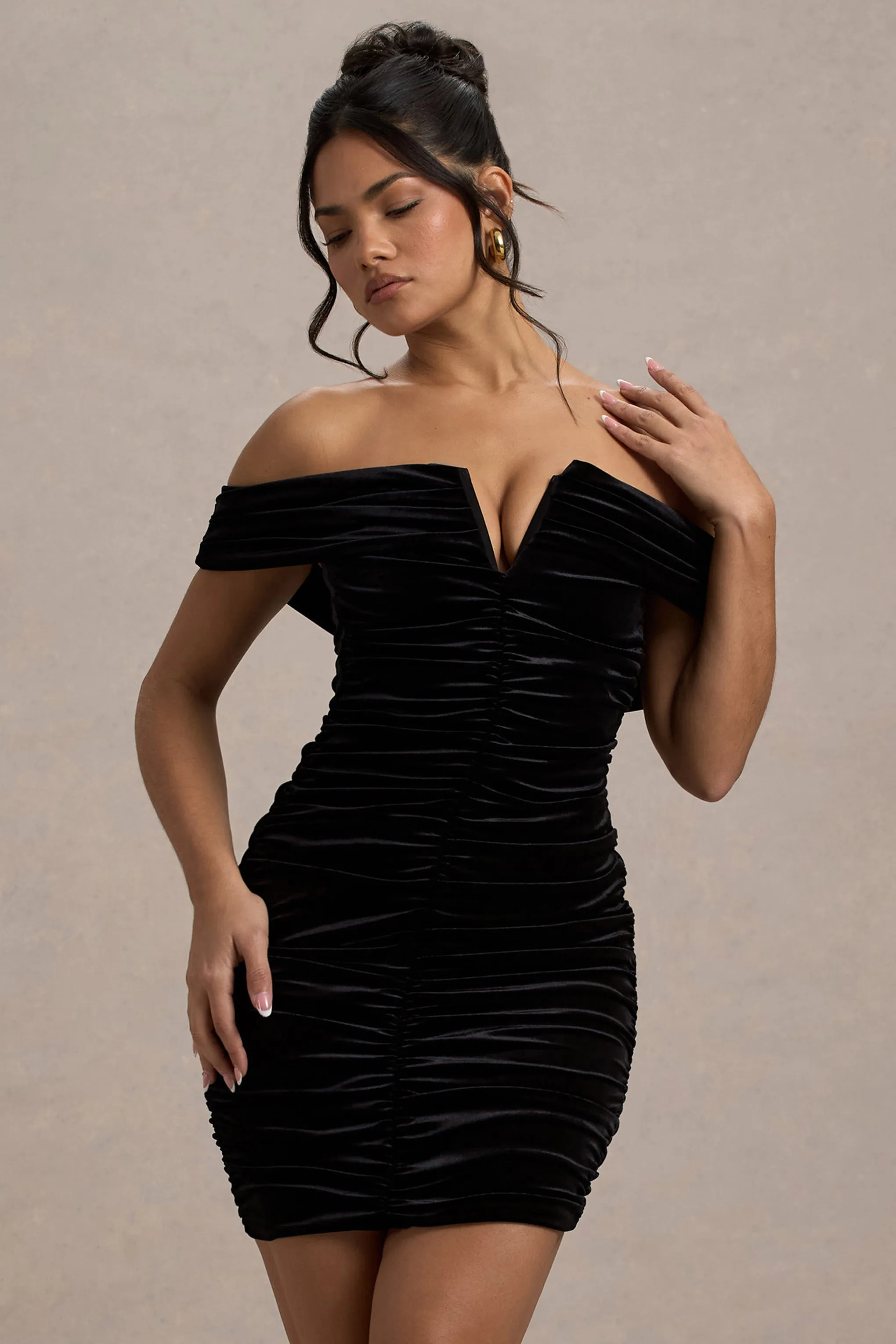 Little Glint | Black Velvet Ruched Bardot V-Neck Mini Dress Club L London