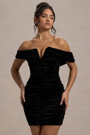 Little Glint | Black Velvet Ruched Bardot V-Neck Mini Dress Club L London