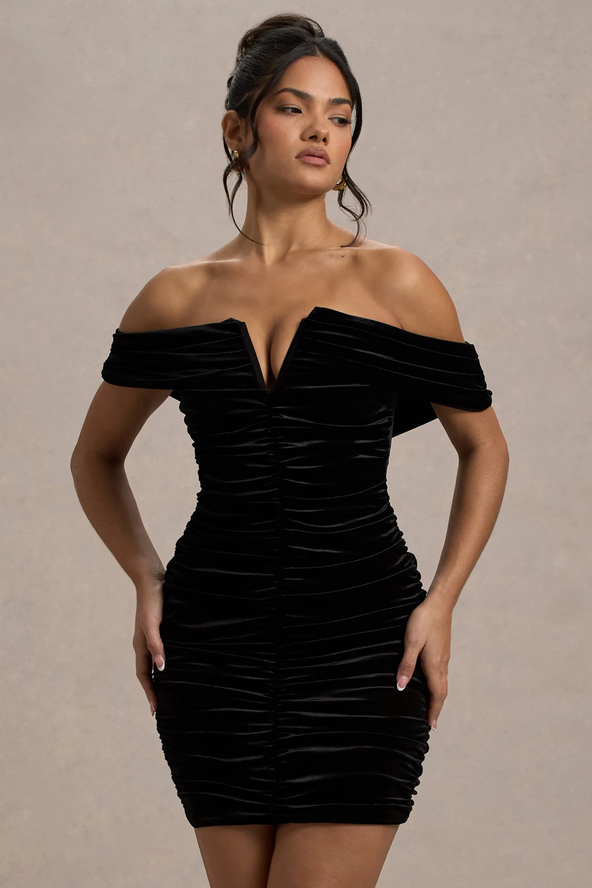 Little Glint | Black Velvet Ruched Bardot V-Neck Mini Dress Club L London
