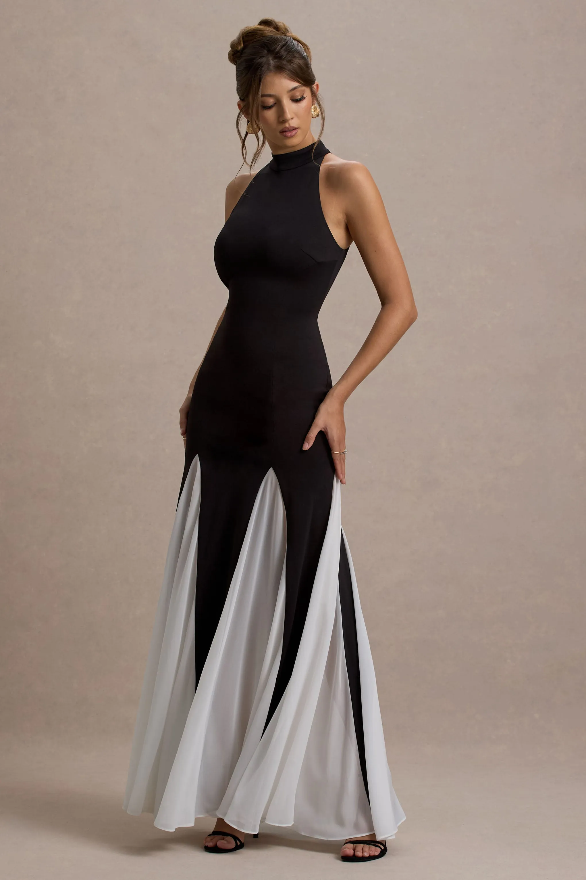 Litzy | Black High-Neck Maxi Dress With White Chiffon Trim Club L London
