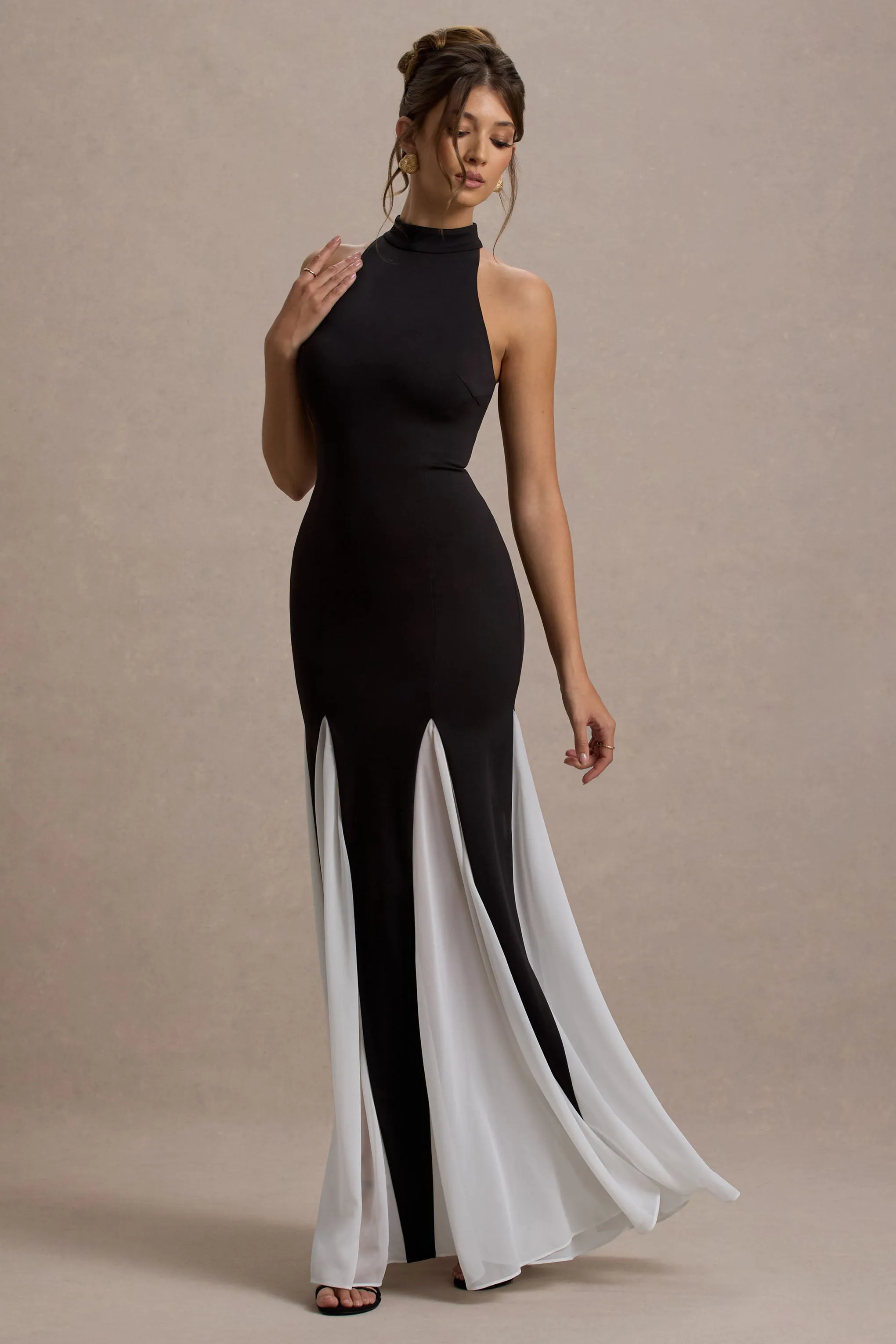 Litzy | Black High-Neck Maxi Dress With White Chiffon Trim Club L London