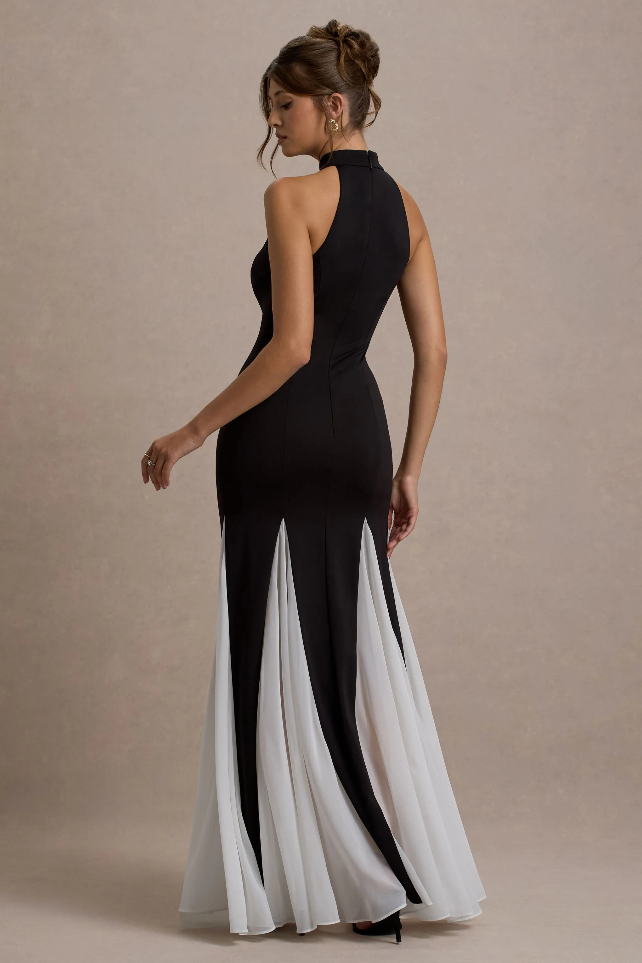 Litzy | Black High-Neck Maxi Dress With White Chiffon Trim Club L London