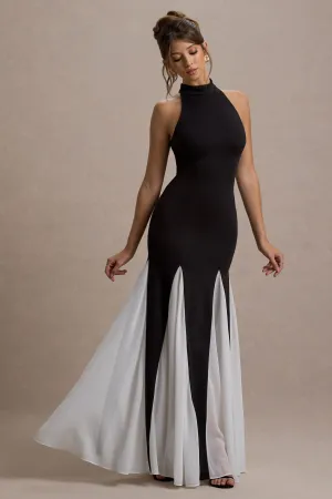 Litzy | Black High-Neck Maxi Dress With White Chiffon Trim Club L London