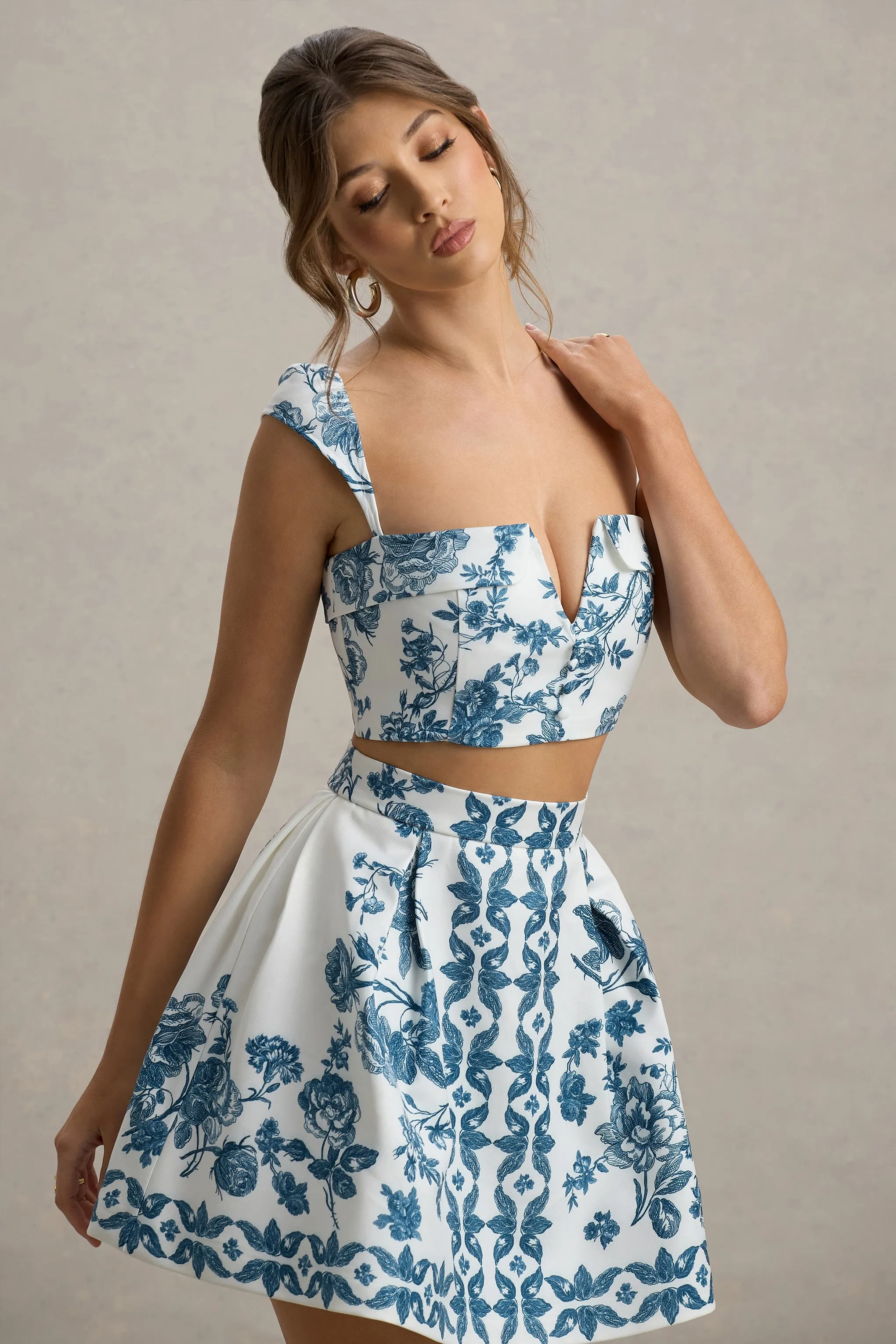 Locklea | Blue Porcelain Print Notched Crop Top Club L London