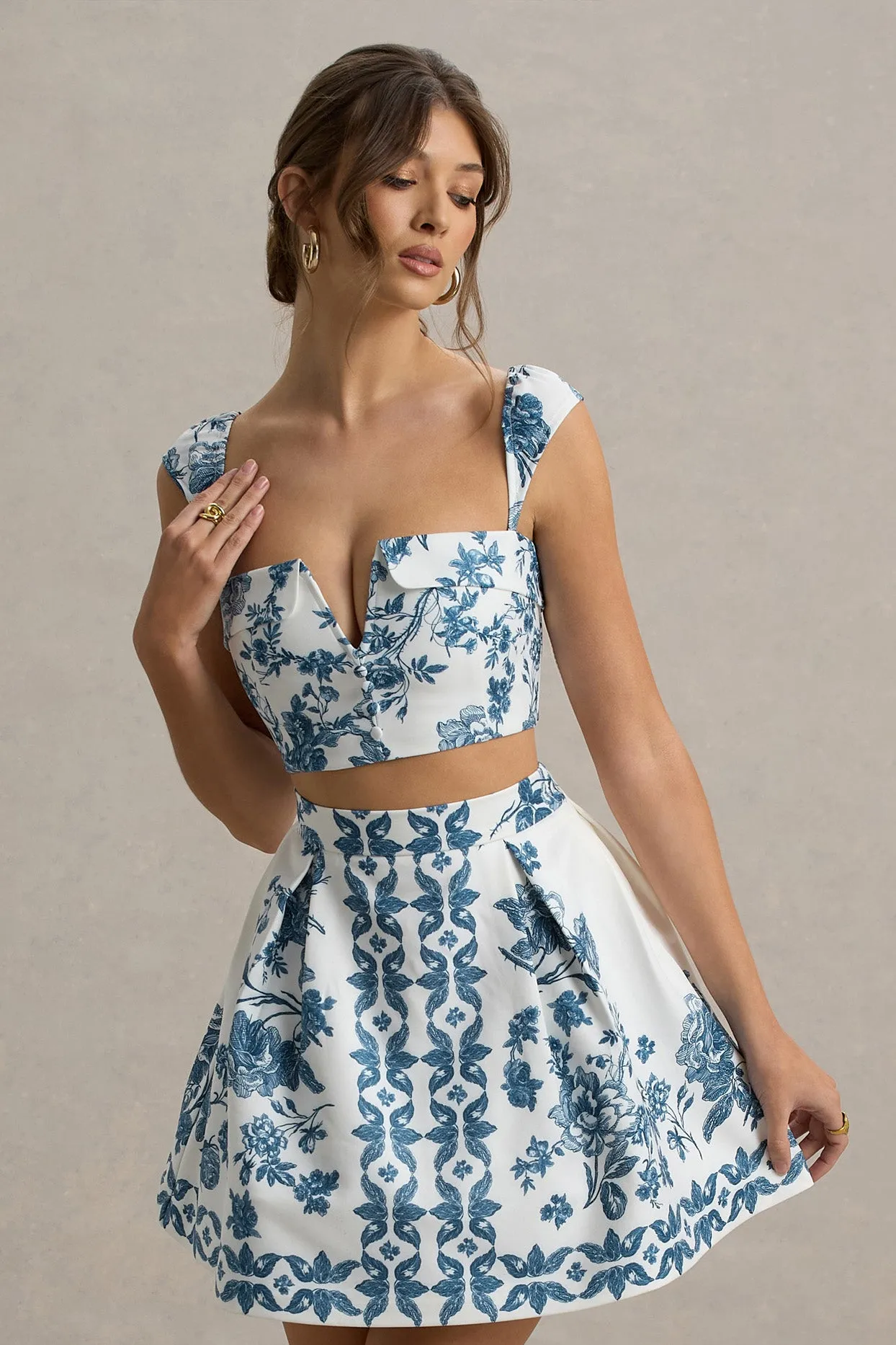 Locklea | Blue Porcelain Print Notched Crop Top Club L London