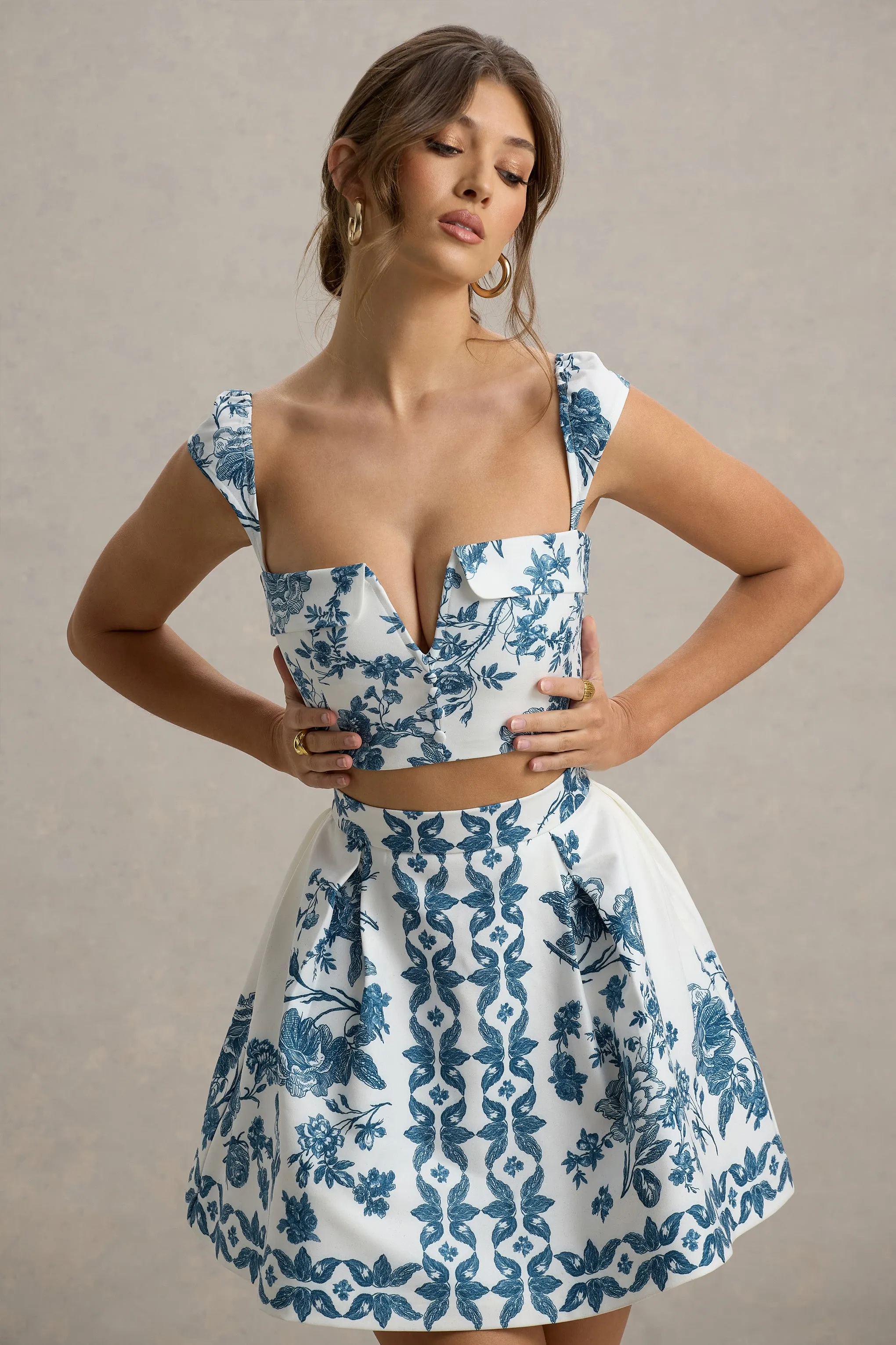 Locklea | Blue Porcelain Print Notched Crop Top Club L London