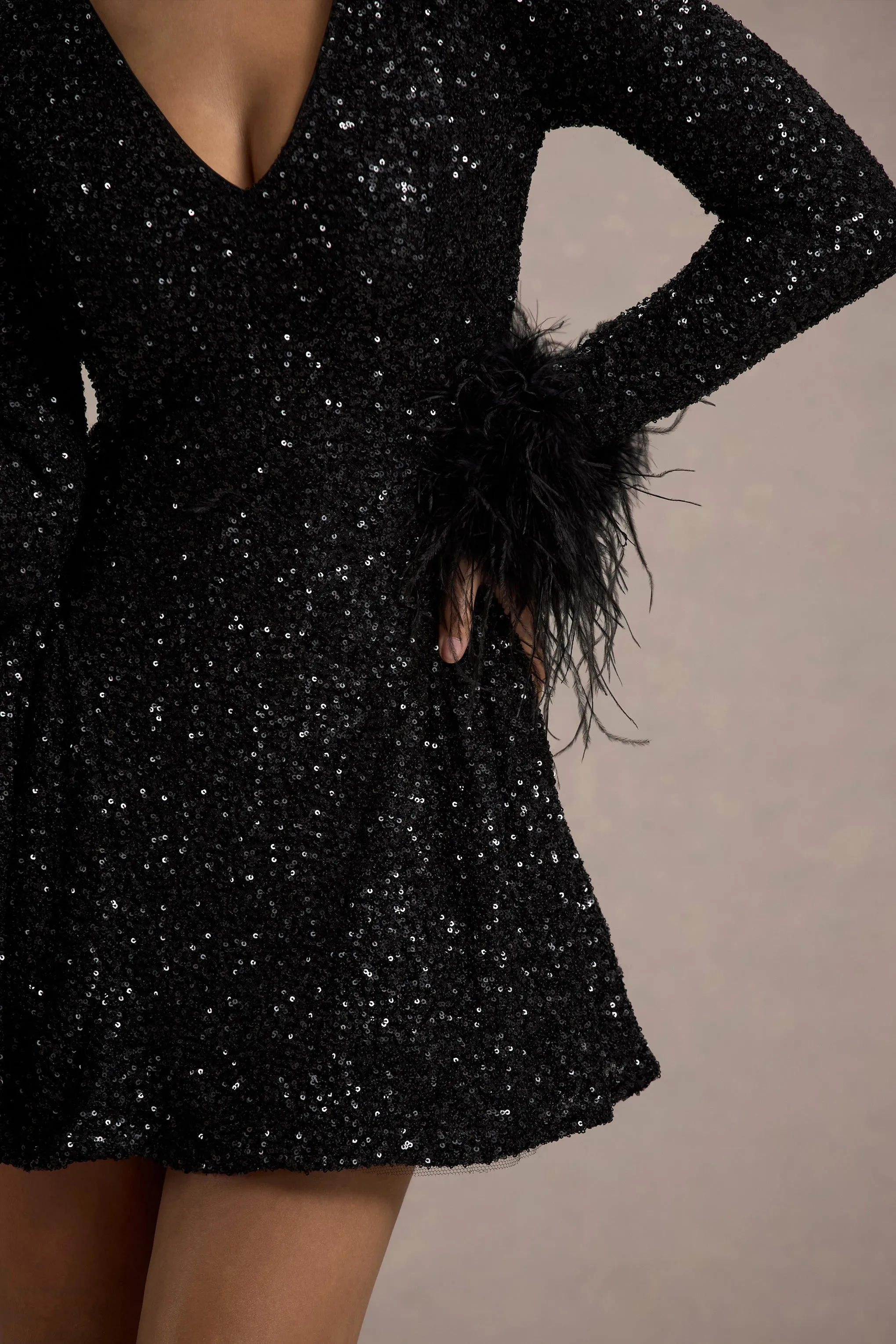 Lopez | Black Sequin Plunge-Neck Feather Trim Mini Dress Club L London