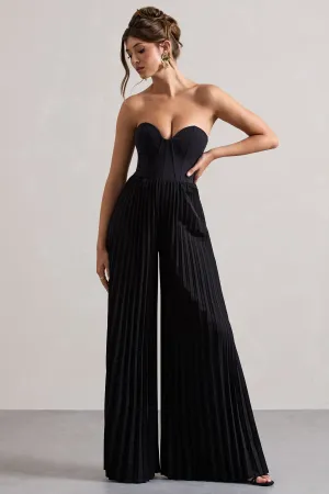 Lorelai | Black Corset Plisse Wide-Leg Jumpsuit Club L London