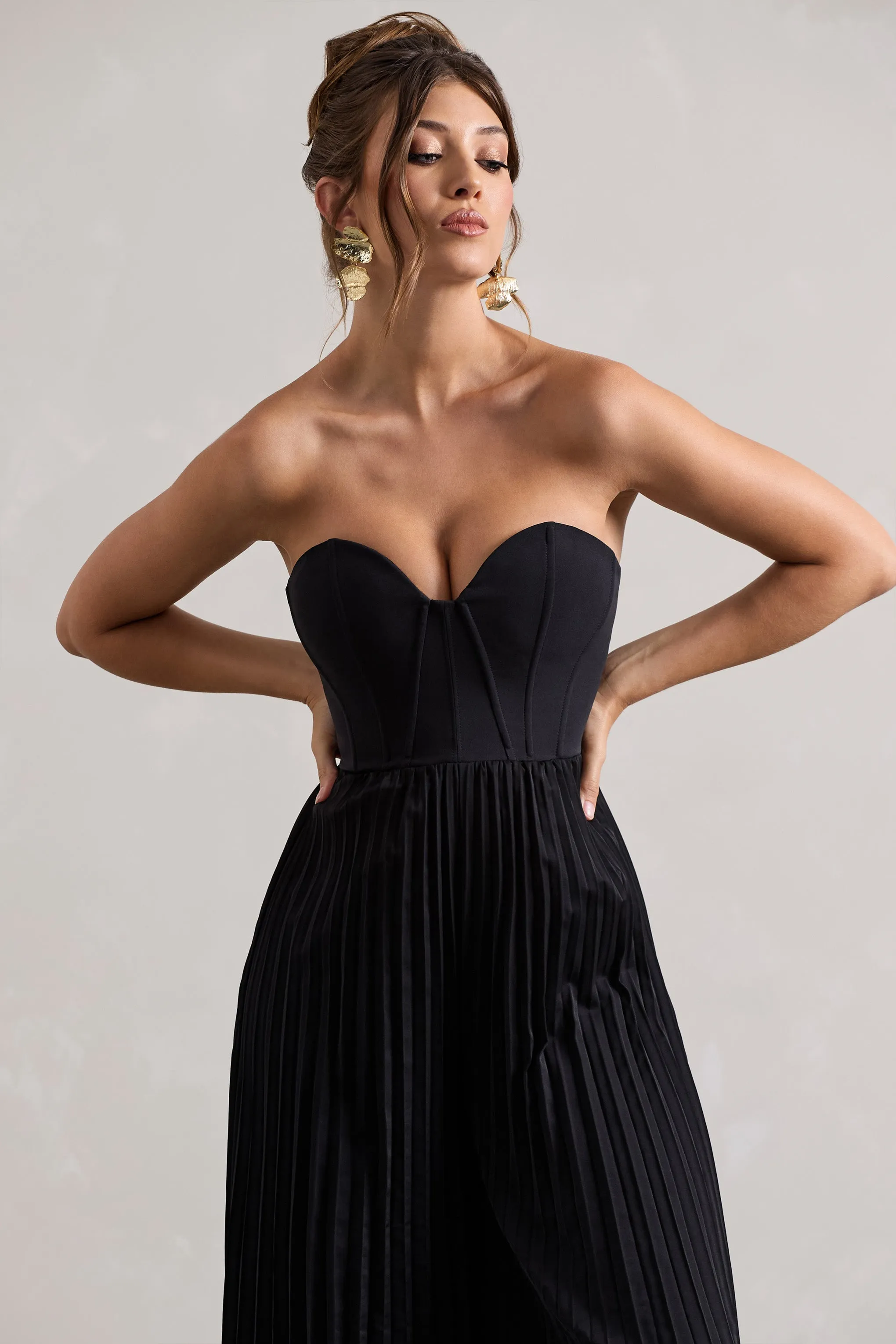 Lorelai | Black Corset Plisse Wide-Leg Jumpsuit Club L London