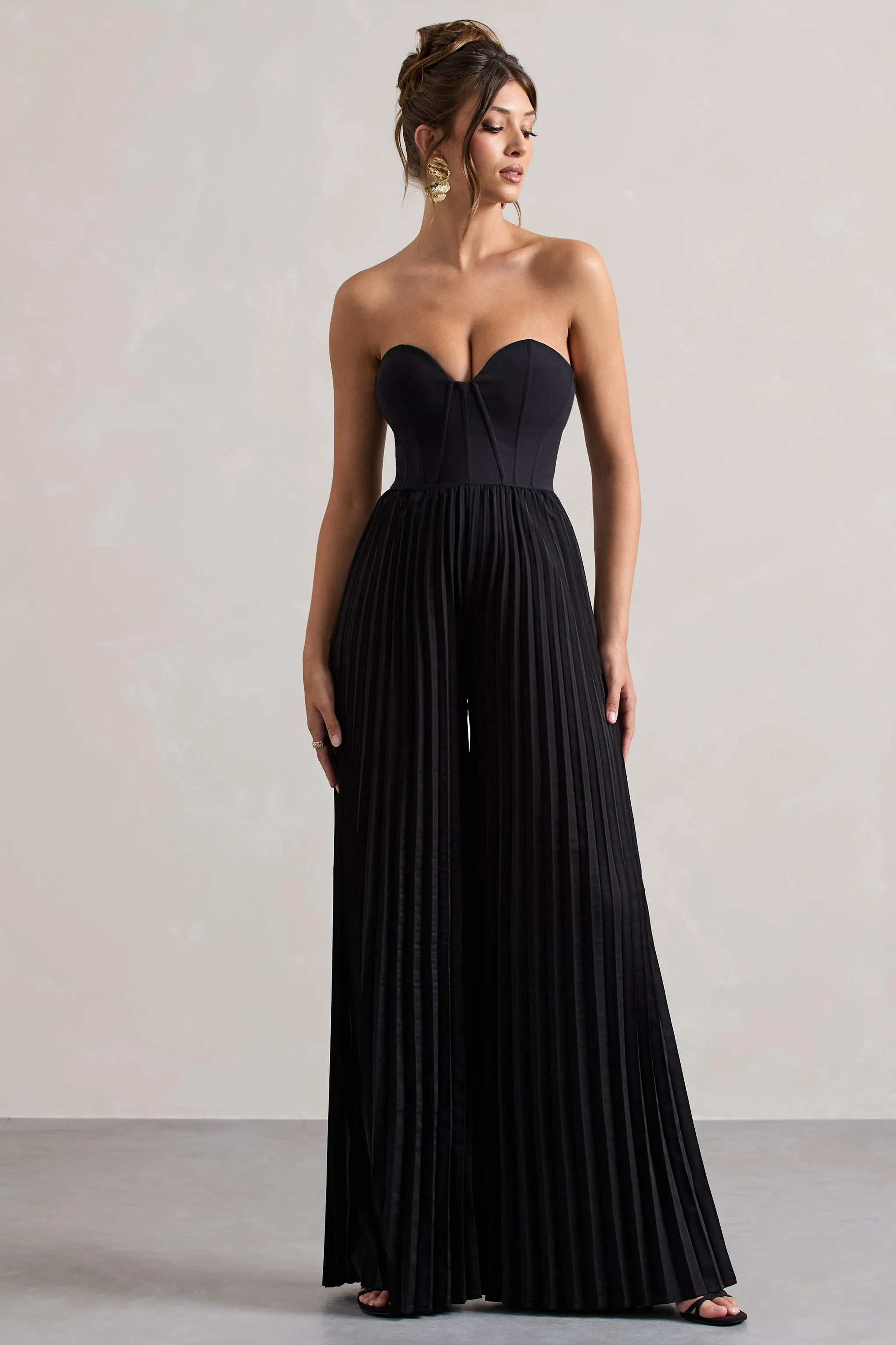 Lorelai | Black Corset Plisse Wide-Leg Jumpsuit Club L London