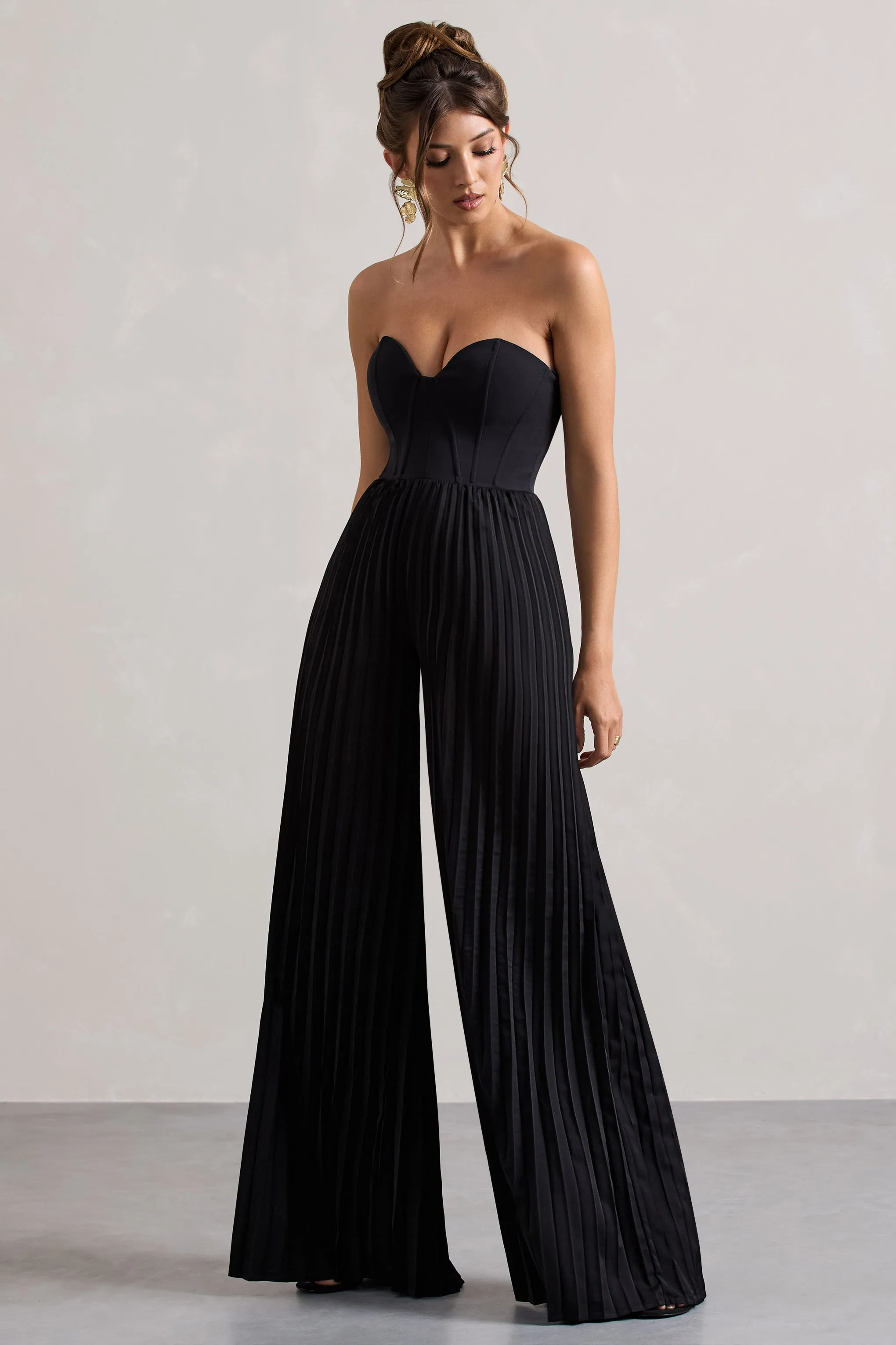Lorelai | Black Corset Plisse Wide-Leg Jumpsuit Club L London