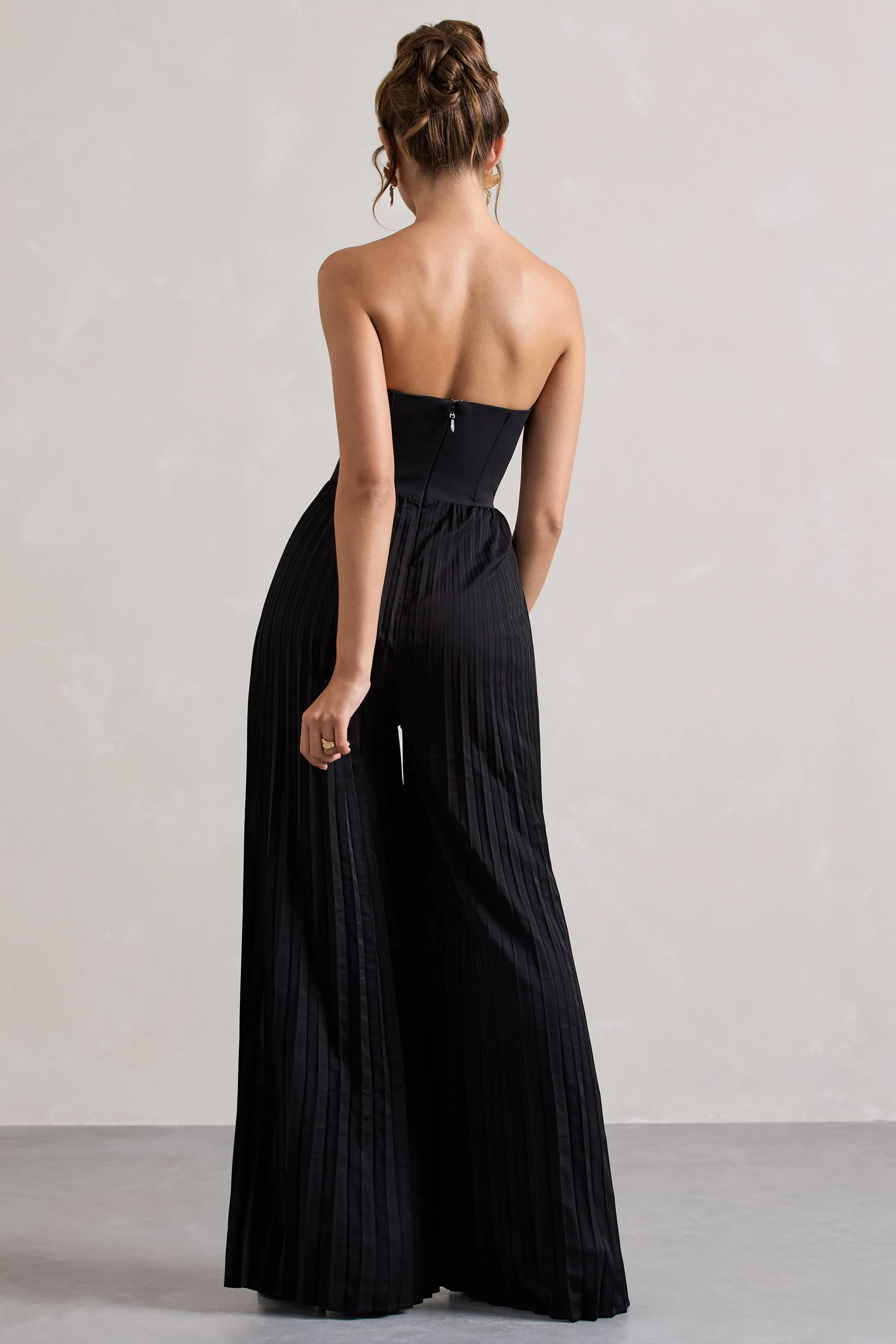 Lorelai | Black Corset Plisse Wide-Leg Jumpsuit Club L London