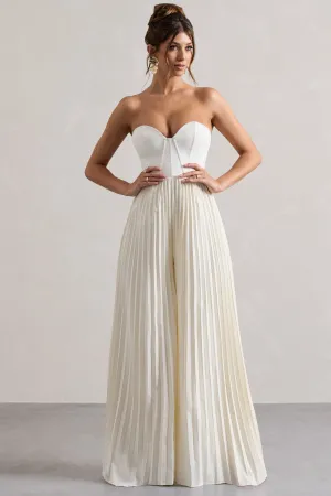 Lorelai | Cream Corset Plisse Wide-Leg Jumpsuit Club L London